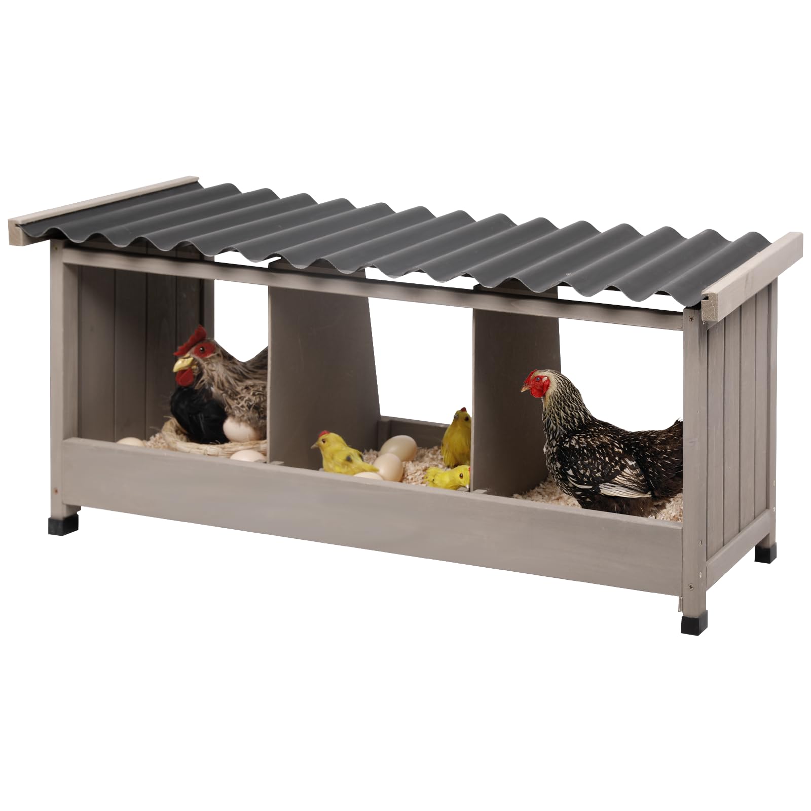 Gowoodhut 38" L Chicken Nesting Boxes,3 Holes Wooden Chicks Laying Boxes with PVC Roof,Chicks Brooder Box for Laying Eggs for Hens Chicken Duck,Grey