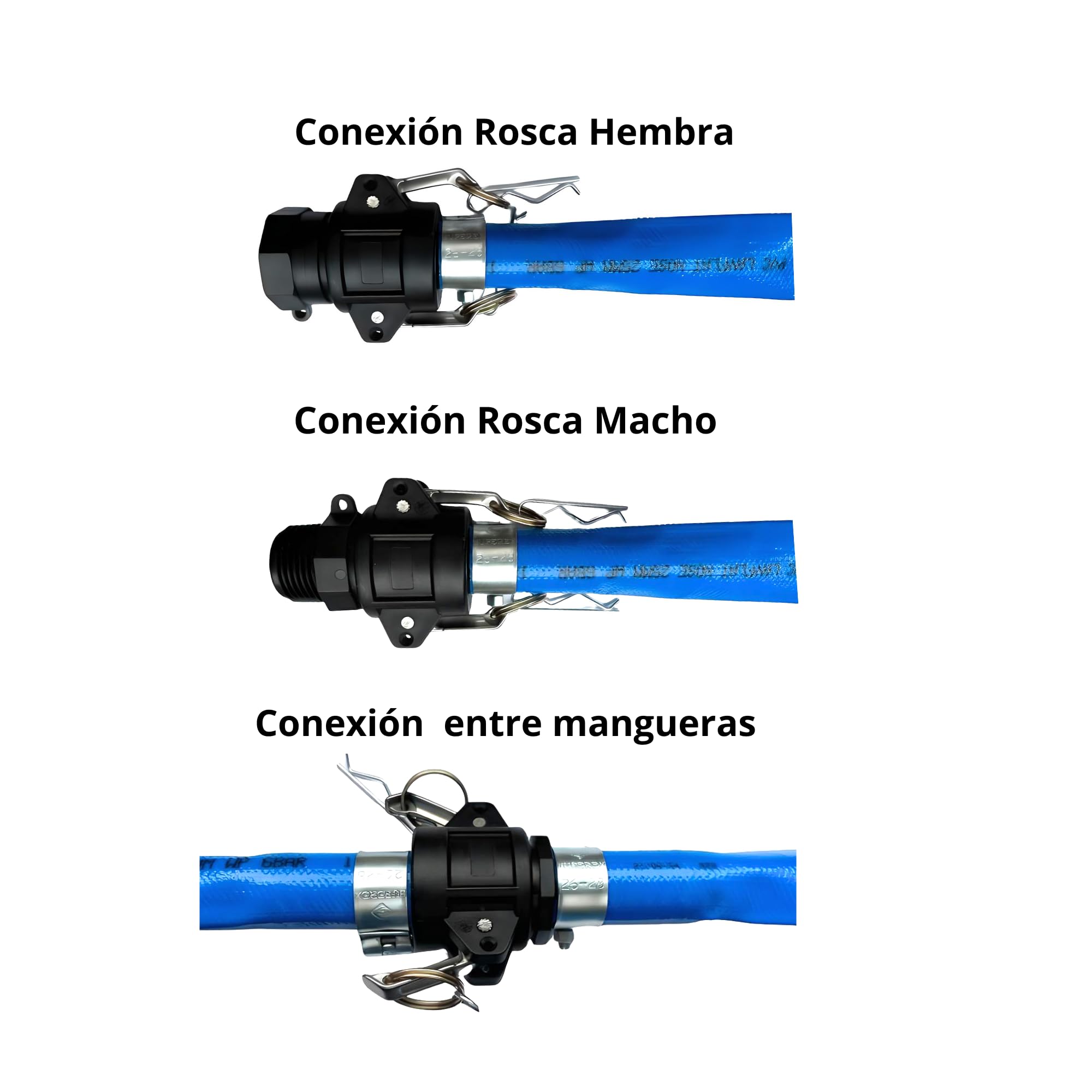 Manguera plana con Accesorios Camlock de Polipropileno, Tipo A,C,E,F + 2 abrazaderas W1 reforzadas. (40mm T50m)
