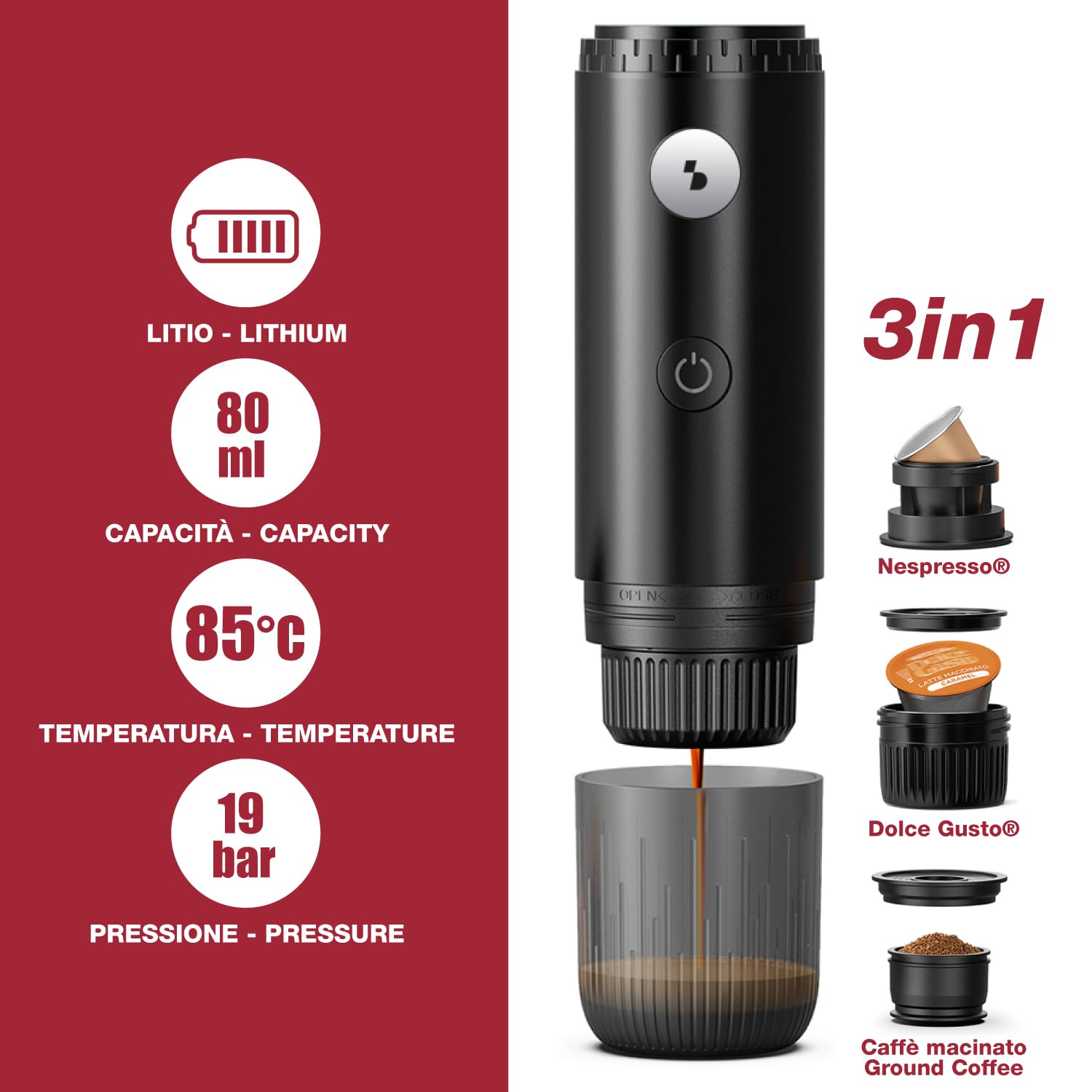 BEPER P101CAF250 Cafetera Espresso Portátil Recargable 3 en 1– Compatible con cápsulas Nespresso®, Dolce Gusto® y café molido, 19 bares, inalámbrica, calentamiento integrado, USB-C