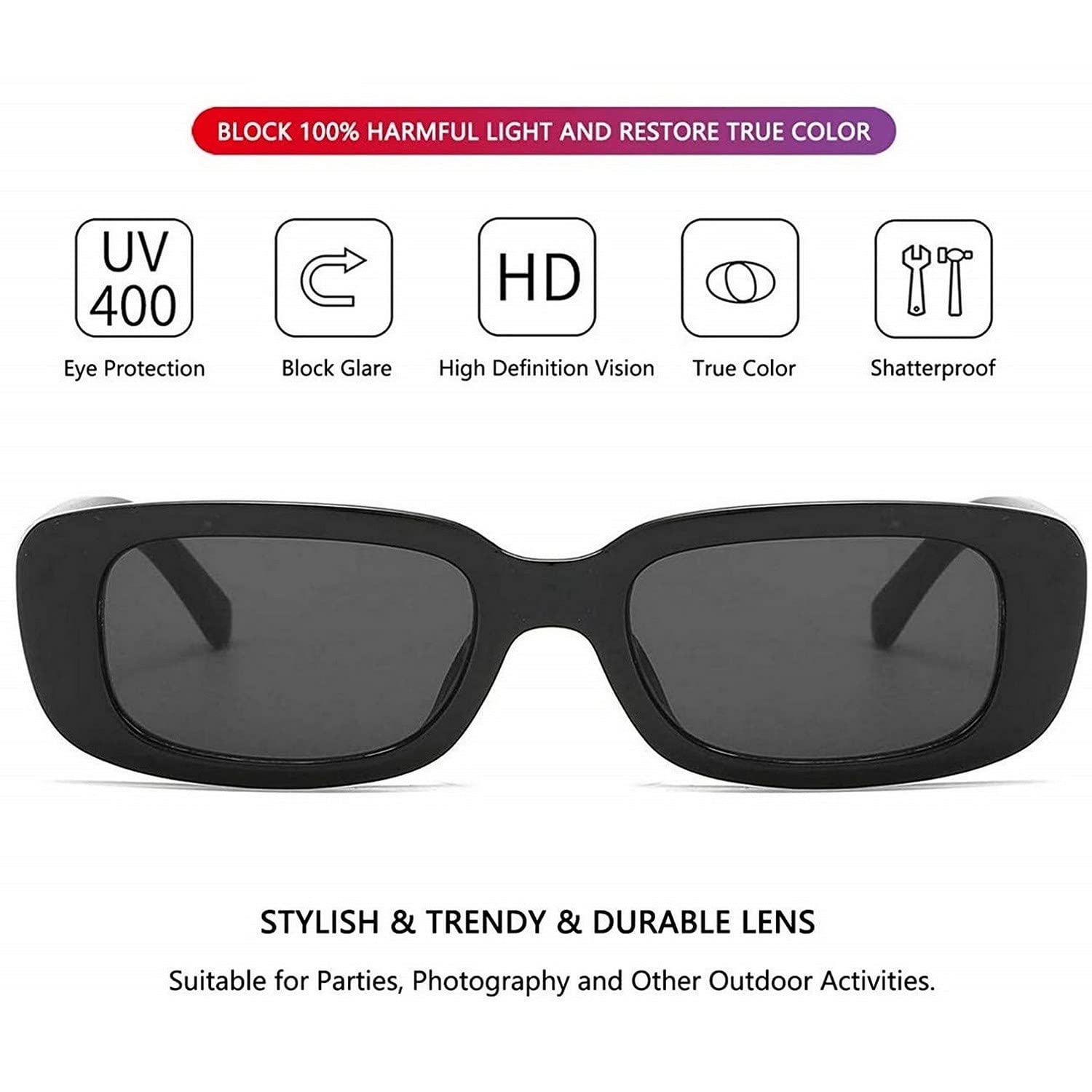 Dervin Rectanglular Sunglasses for Women Retro Driving Sunlgasses Narrow Square Frame UV400 Protection (Black)