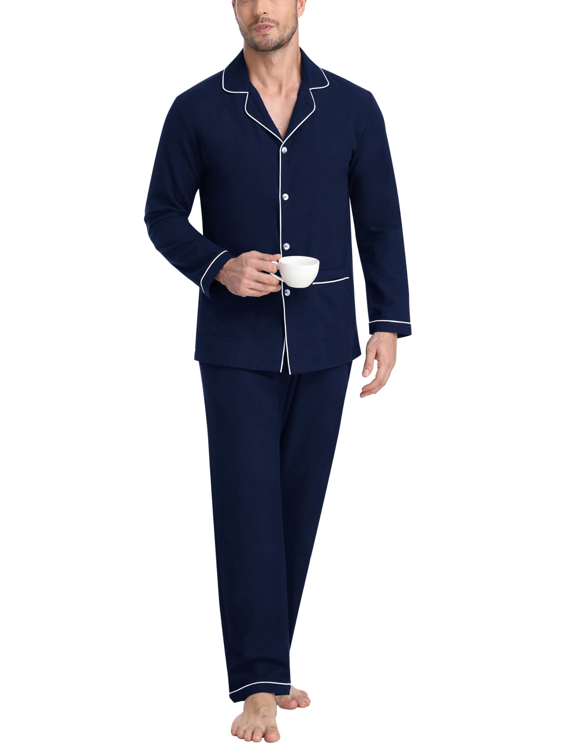 MoFiz Pyjama Homme Hiver Coton Ensembles de Pyjama Boutonné Devant Manches Longues Chaud Vêtements De Nuit à Carreaux Hauts de Pyjama et Bas de Pyjama avec Poches