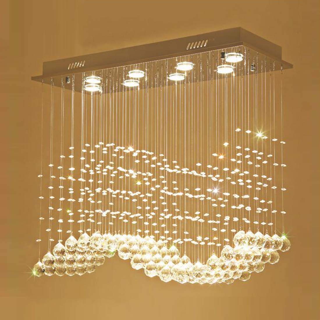 Siljoy 10 Lights Rectangle Wave Raindrop Crystal Chandelier Modern Rectangular Flush Mount Crystal Ceiling Light for Dining Room Living Room Kitchen Island L40'' x W11.8'' x H35.4''