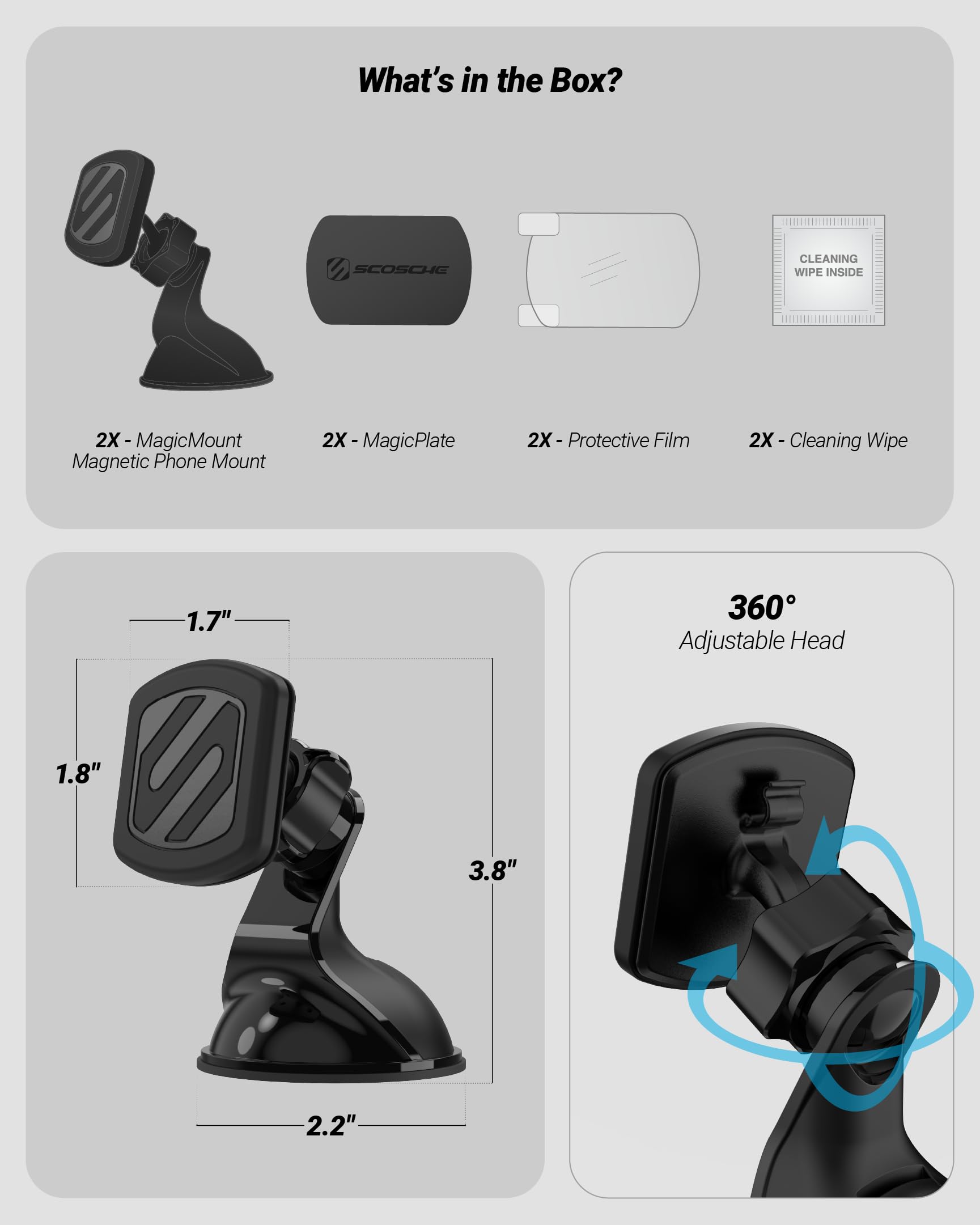 Scosche Extra Strength Suction Car Phone Mount, Magnetic Phone Holders for Your Car Windshield/Dashboard, Car Holder with 360° Rotation, Thick Metal Plate for iPhone and Android, Not MagSafe, 2-Pack view 7