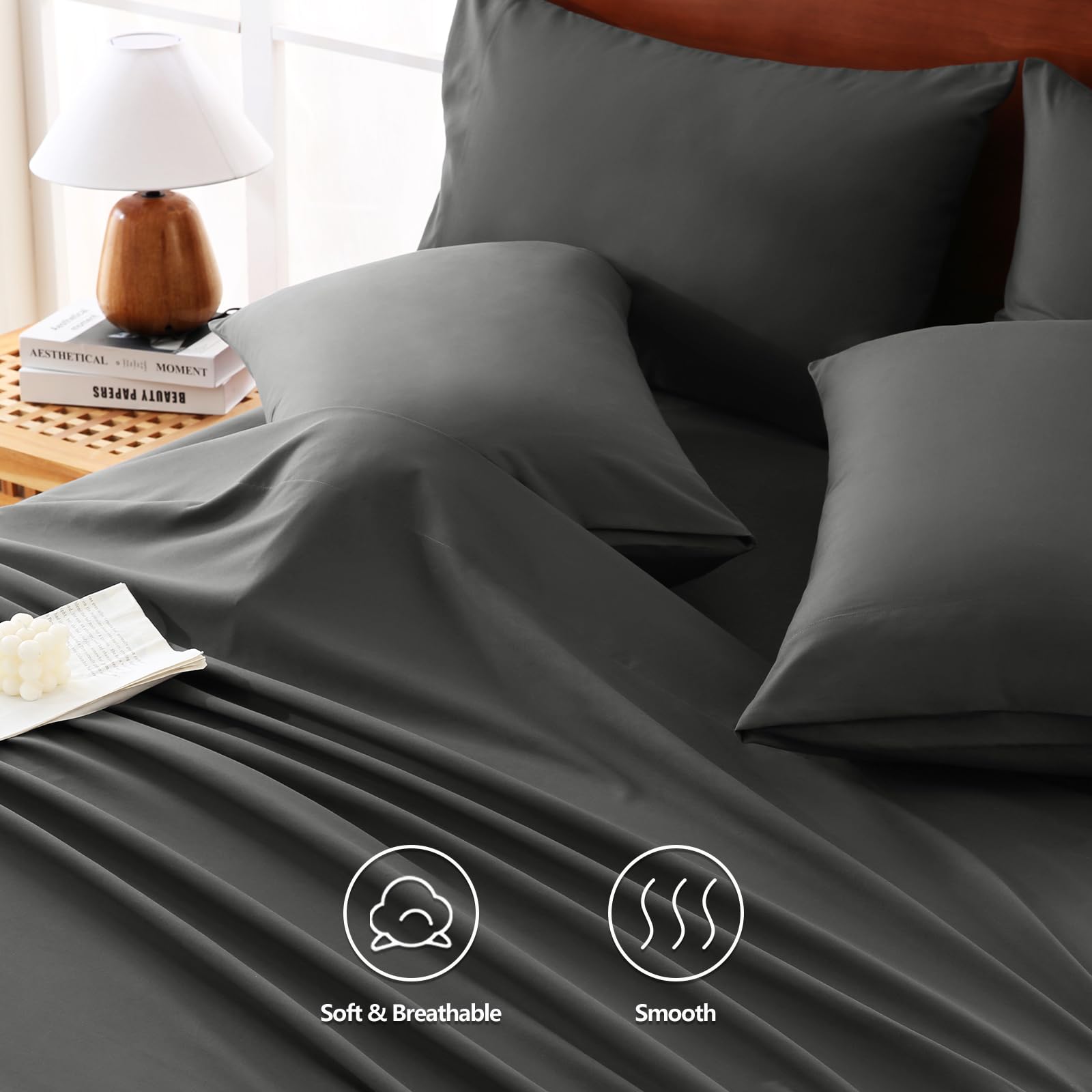 Sábanas King con bolsillos extra profundos, juego de sábanas de 6 piezas, se adapta a colchones de hasta 21 pulgadas de grosor, juego de cama de lujo, sábanas transpirables, fundas de almohada 4