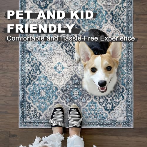 KILOCOCO 2x5 Runner Rug, Moroccan Super Soft Washable Hallway Runner Rug, Accent Print Faux Wool Kitchen Runner Rug 5 Feet Non-Slip Runners Boho Rug Runners for Laundry Room Bedroom, Blue/Multi