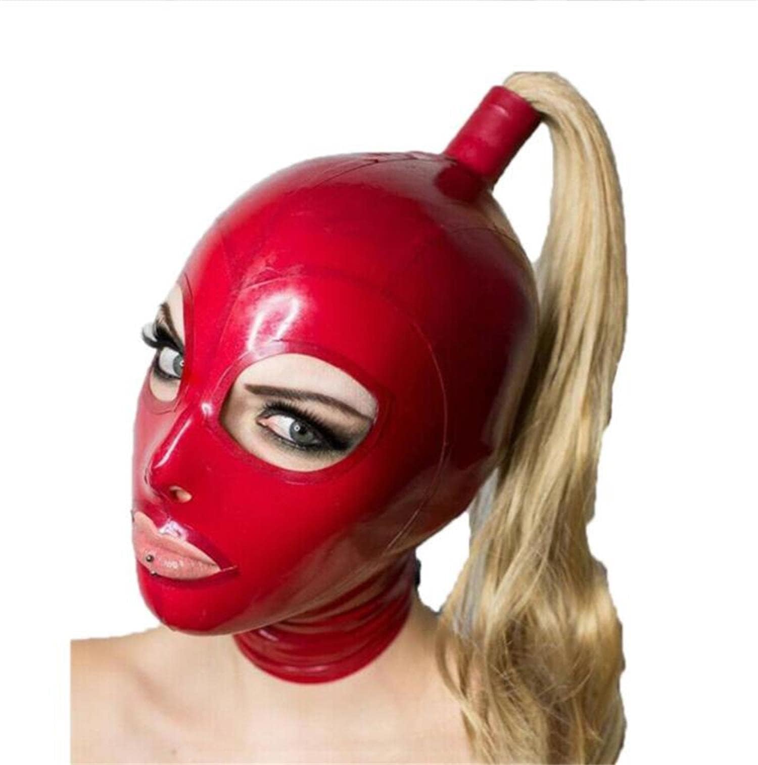 Latex Tête Couverture avec perruque queue de cheval, caoutchouc TêteMasque Cagoule en latex pour cosplay le jeu de rôle Party Vêtements de club