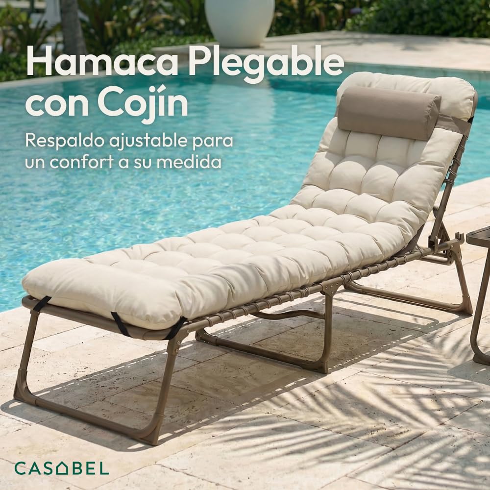 CASABEL Tumbona Plegable con Cojín, Tumbona Jardín Resistente y Cómoda con Tejido Textilene, Estructura de Acero para Jardín, Terraza, Camping o Piscina, Color Topo