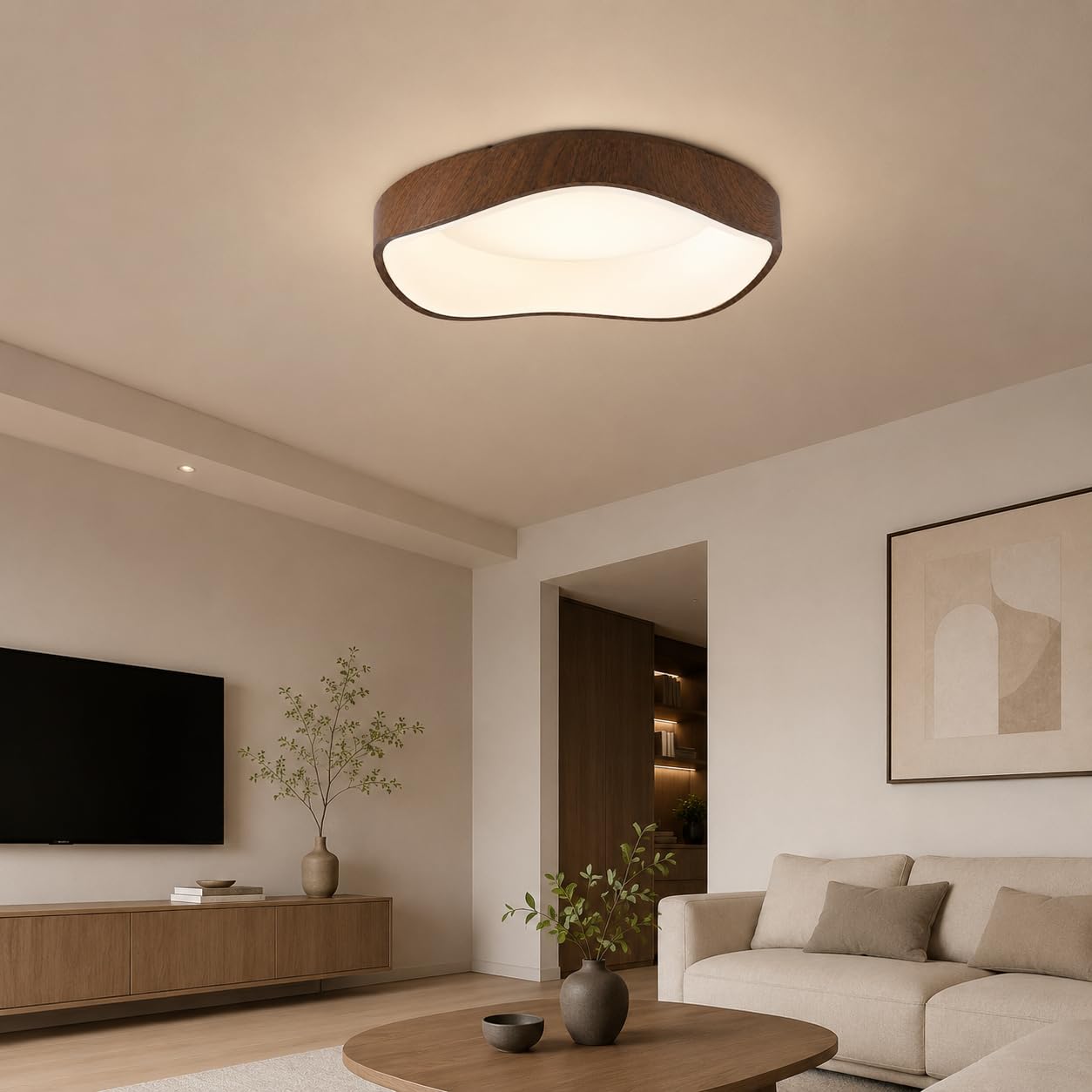 Alpinaluz Plafón LED de Techo Ondulado 36W CCT 40 cm Efecto Nogal | Tres tonos seleccionables, difusor acrílico opal y perfil irregular para salón, dormitorio, comedor, pasillo y oficina