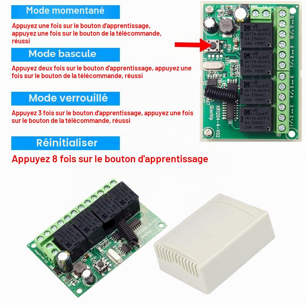 QIACHIP Commutateur de télécommande sans fil 6V 12V 24V, récepteur de Relais RF 10A 4CH 433Mhz avec 2 émetteurs pour Moteur, Porte de Garage, lumière, Rideau électrique, Bricolage