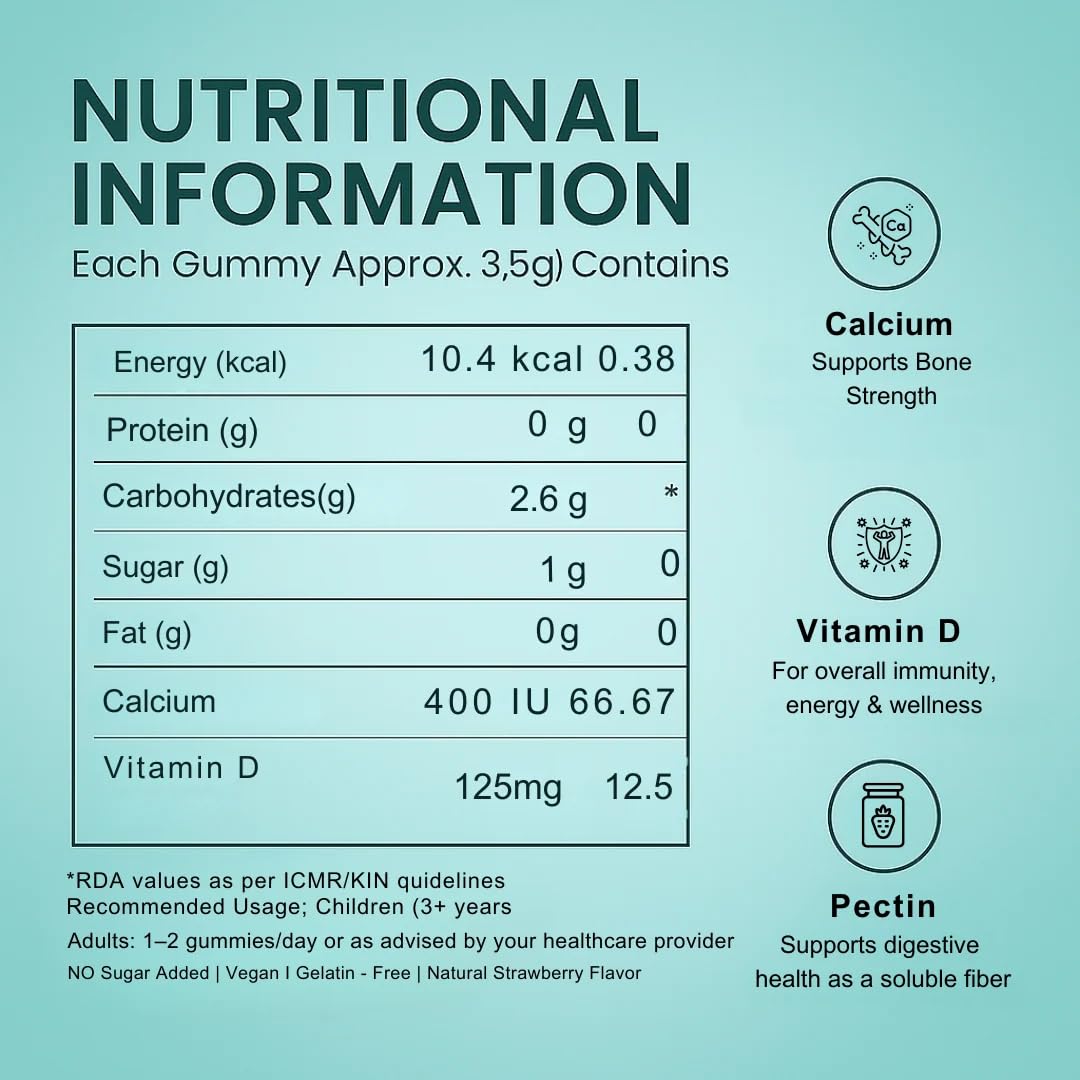 Vitamin D Gummies Calcium & Vitamin D3 with Sugar Free | Supports Strong Bones & Muscles| Strawberry Flavour (30 Gummies) – Vegan — Amazon image 7