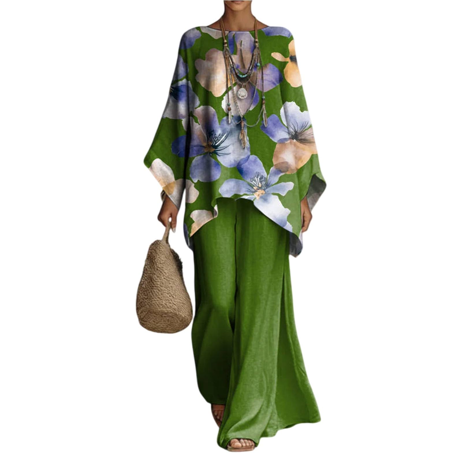 Ensemble 2 Pièces Femme en Coton et Lin Style Ethnique Bohème, Blouse Haut Ample Manches Chauve‑Souris et Pantalon Large Jambes Fluide Évasées, Tenue Ensembles Bohème Chic pour Été Vacances Plage