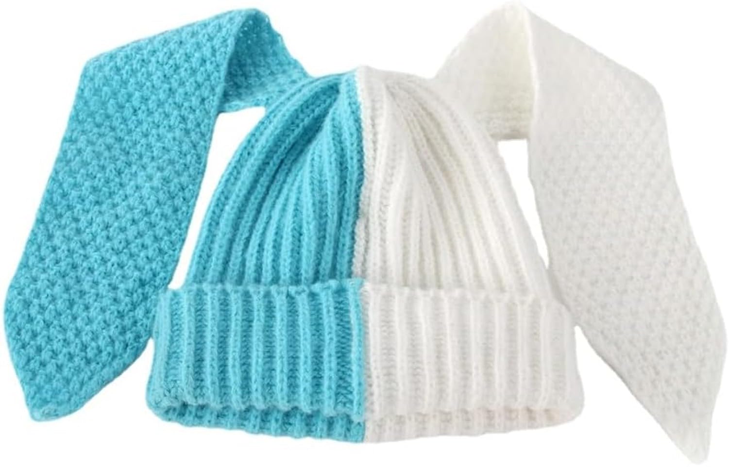 WOMGKDA Knit Beanie Hats for Women Men Cute Bunny Long Ears Plush Fluffy Soft Winter Cap Warm Knit Rabbit Crochet Outdoor Slouchy Hat, Blue, One Size