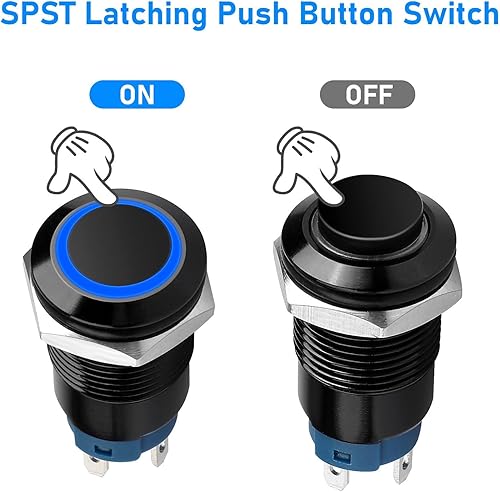 Miniatura 10 de Interruptor de botón de cierre de 12 V, 24 V, 0.472in, con tapa redonda alta, interruptor de botón de metal impermeable de acero inoxidable 1NO1NC