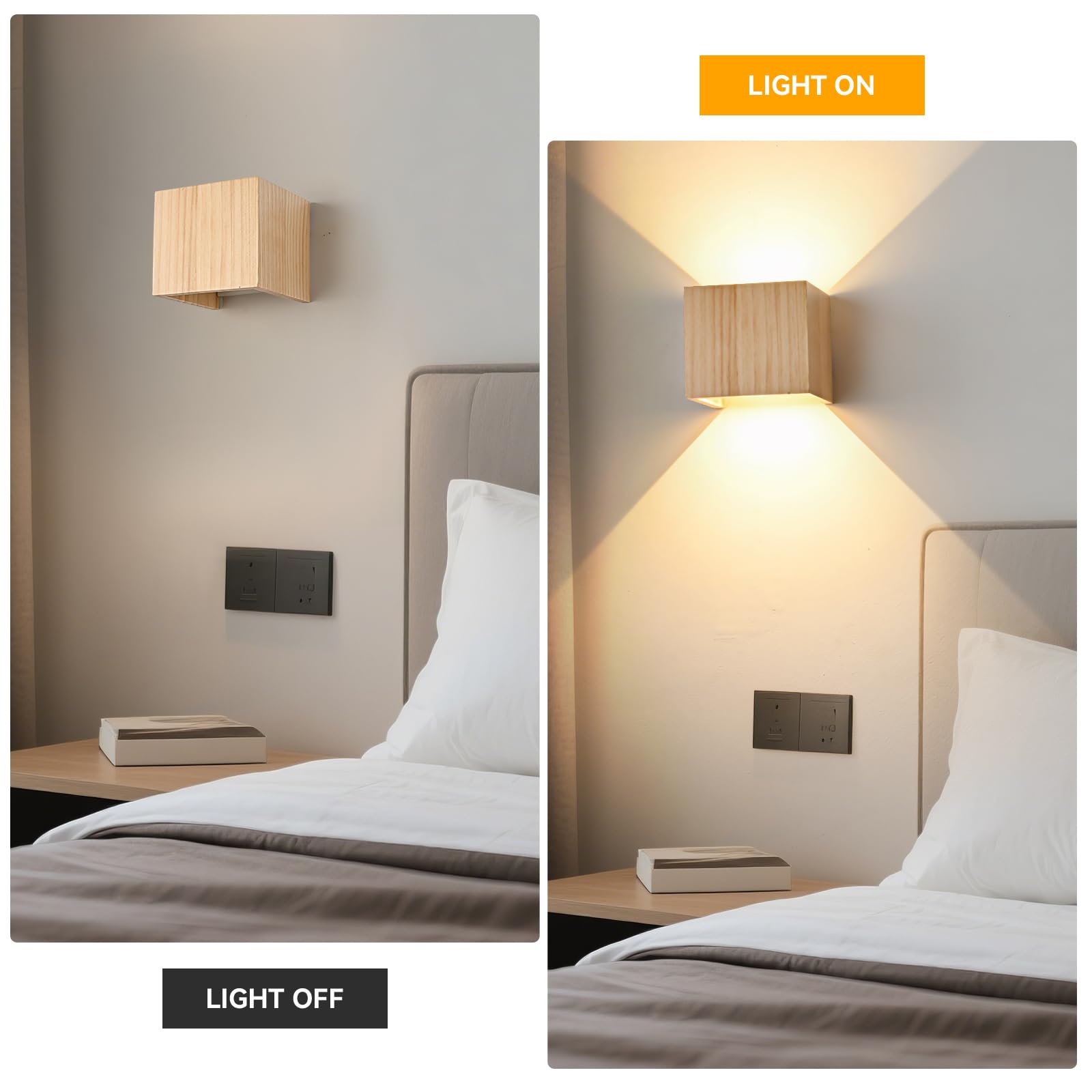 LED Wandleuchte Innen Holz Wandlampe, Dimmbar Wandleuchte Holz Vintage 6W LED Wand 3000K/4000K/6000K Weiß Up Down Flurlampe Einstellbar Abstrahlwinkel Holzlampe für Wohnzimmer Flur, 2PCS