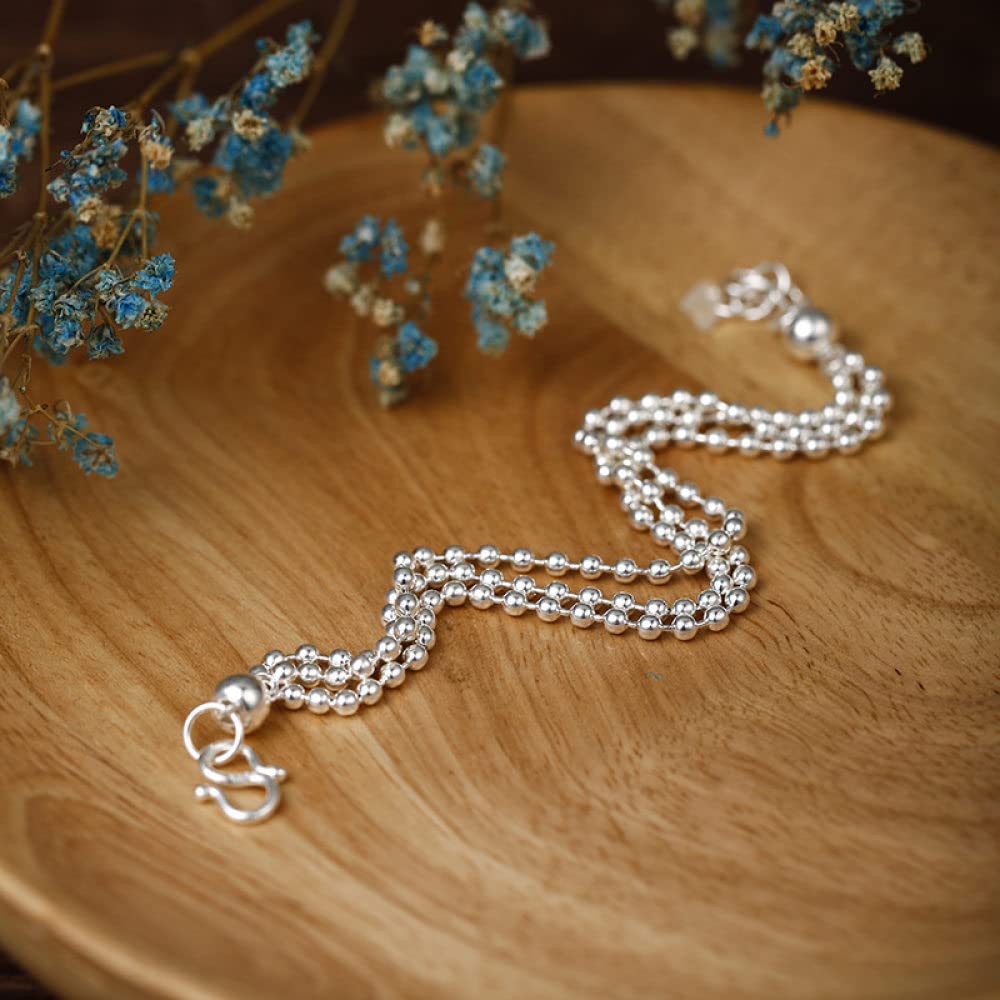 Armband Damen Silber,Sterling Silber Verstellbares Kettenarmband DREI Lagen Runde Perlen Freundschaftsarmbänder Geschenk S990 Silberschmuck Für Frauen Freundin Ehefrau