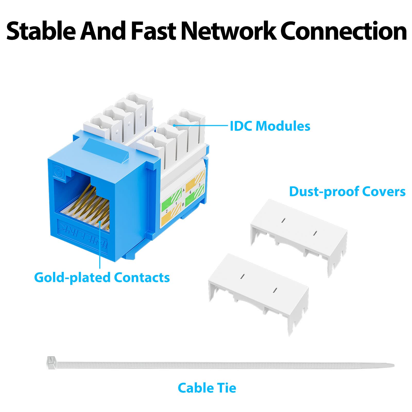 iwillink Paquete de 50 conectores Keystone Cat6 y soporte perforado, juego de conectores Keystone Ethernet RJ45, adaptador modular UTP de 90 grados, azul