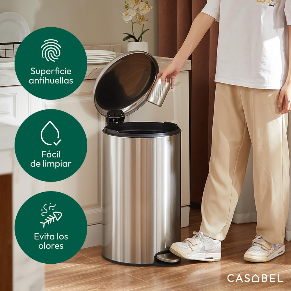 CASABEL Cubo de Basura Cocina 50L, 100% Acero Inoxidable, Resistente a Huellas, Papelera Redonda con Pedal y Tapa para Baño, Cocina, Oficina, Cromo