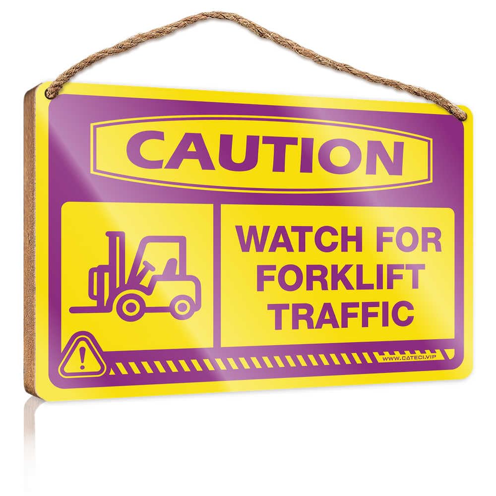 HMQW Hanging Wooden Plaque Caution Watch For Forklift Traffic Wooden Sign Spring Porch Sign Front Door Hanging Decor(23X35CM)