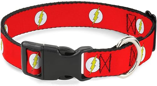 Buckle-Down Collar de clip de plástico, logotipo flash, rojoblancoamarillo, 1 pulgada de ancho, se adapta a cuello de 9 a 15 pulgadas, pequeño