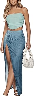 Women's 2 Piece Outfit Ruched Crop Tube Top and Party Split Maxi Skirt Set