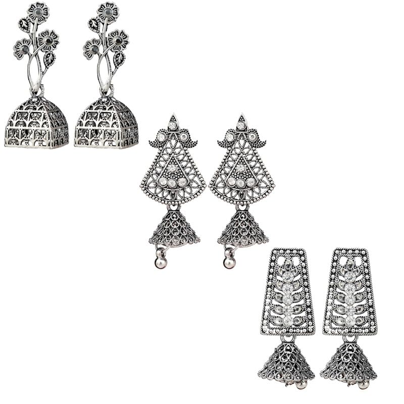 Fashion FrillSilver Earrings For Women Floral Oxidized Silver Jhumka Jhumki Earrings For Women Girls Jewellery Pack of 3