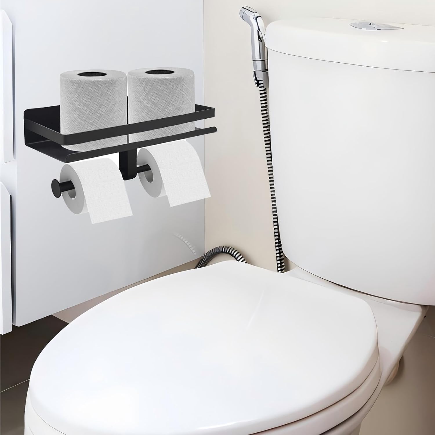 Matte Black Toilet Paper Holder with Shelf Wall Mounted,Stainless Steel Double TP Roll Tissue Holder for Bathroom(1, Matte Black)