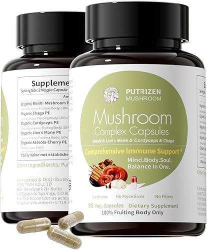 High-Efficiency Mushroom Complex Supplement 90 Capsules, 4-in-1 Energy-Supporting Brain Supplements, for Stress Relief, Enhanced Focus