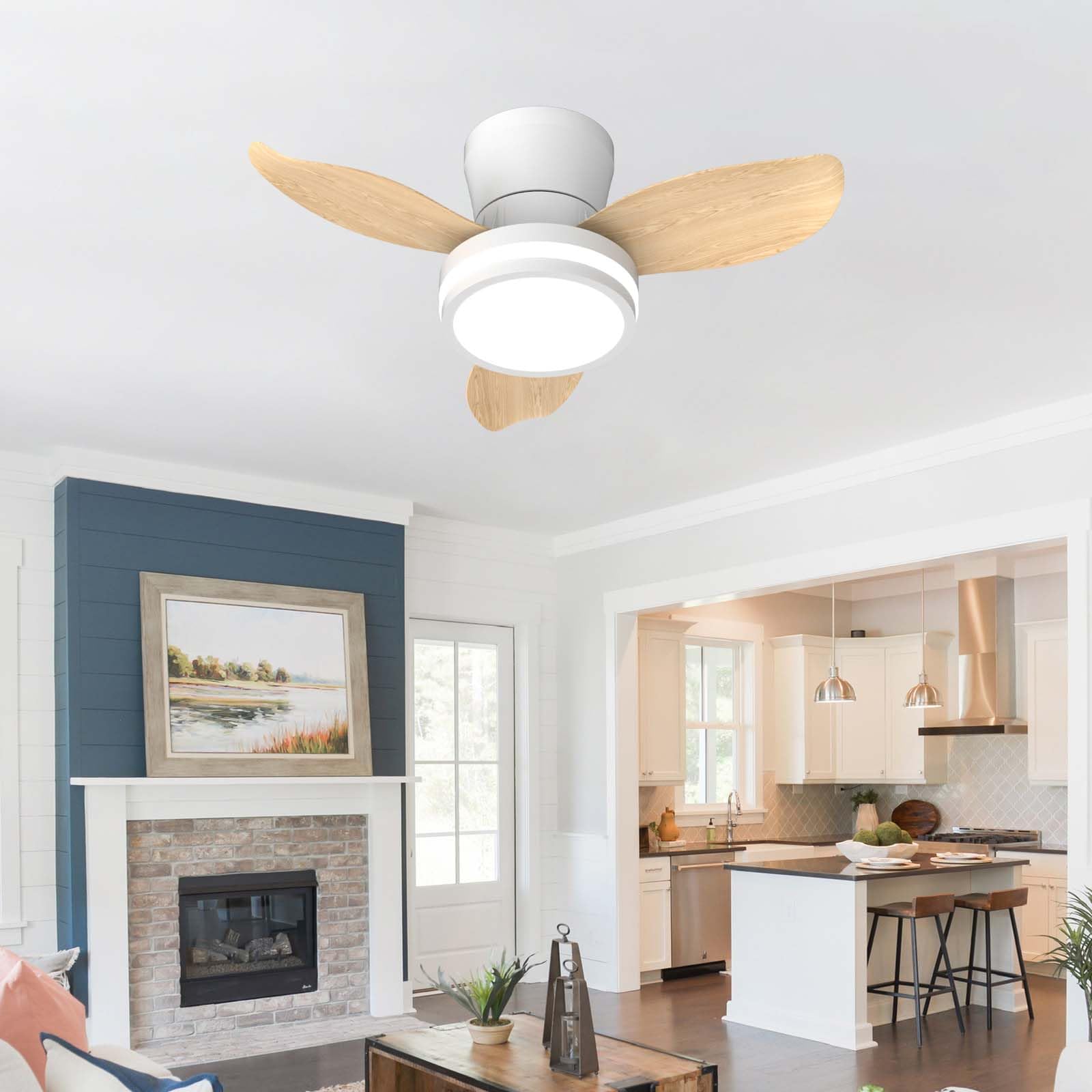 HXYSXHJUO 65CM Smart Ceiling Fan with Light, APP Remote Control, Dimmable LED, 6 Speeds & Timer, Quiet DC Motor, Reversible for Bedroom Living Room Modern Design-White Wood Grain
