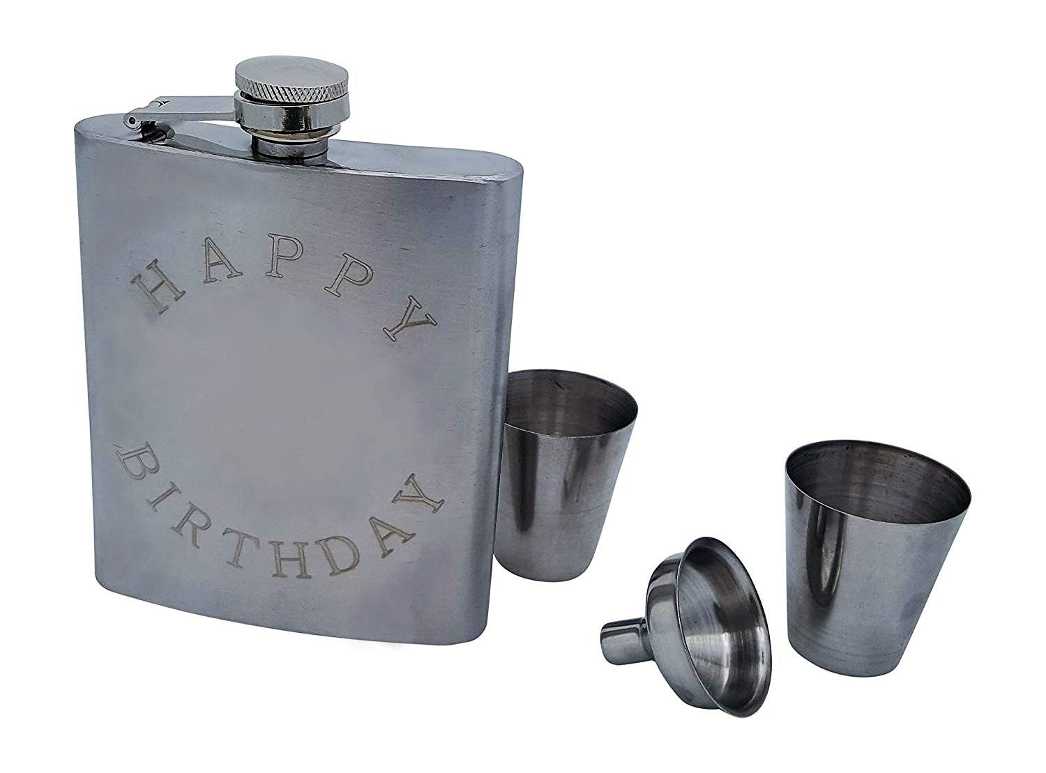 Happy Birthday Flask Gift Set - 7 Oz Stainless Steel Flask With Shot Glasses & Funnel