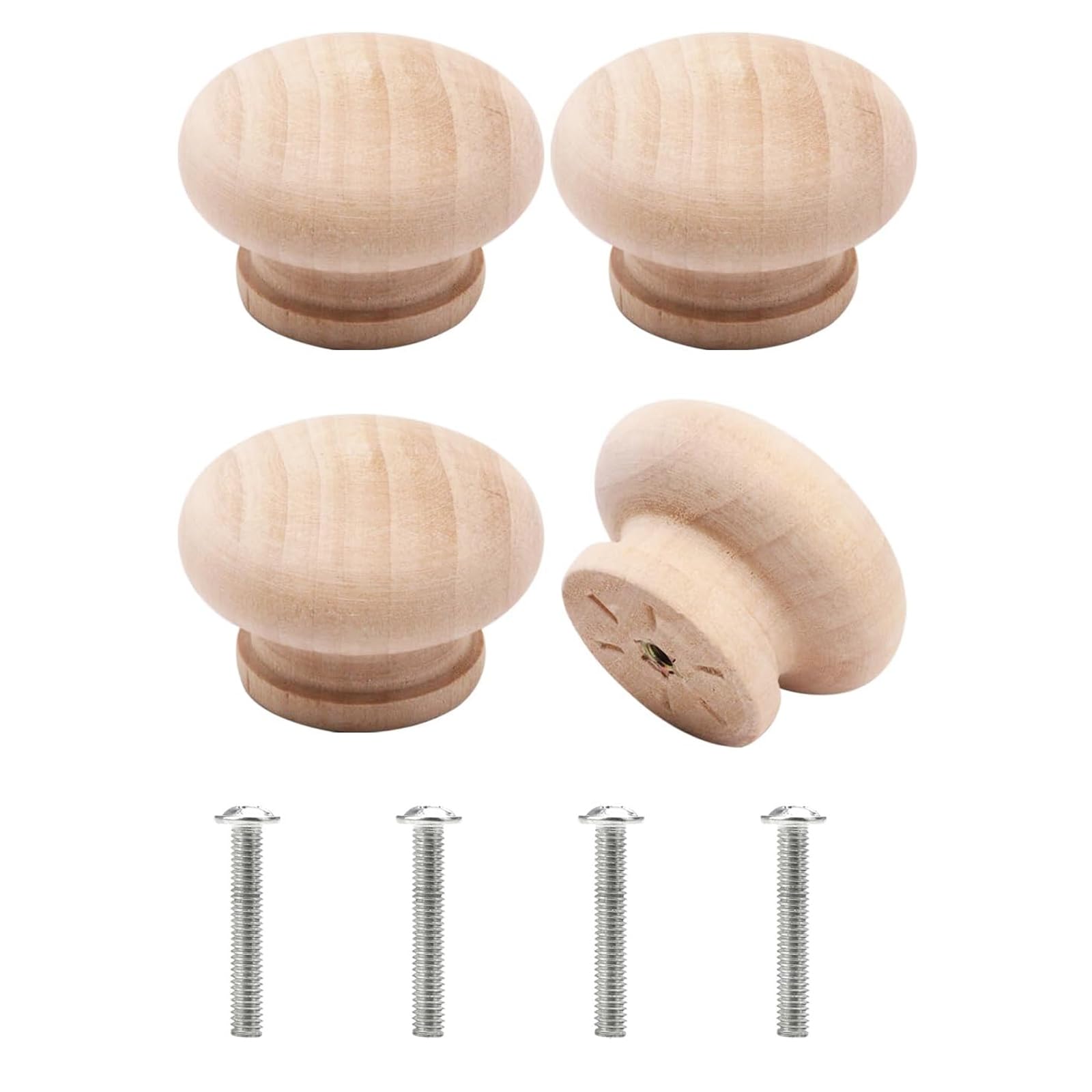 Lunpog 4 Pcs Wooden Cabinet Knobs with Screws, 30mm Diameter Lacquered Pine Knob, Mushroom Drawer Knob, Drilled for Screws or Dowels, Cabinet and Drawer Knobs for Cupboards