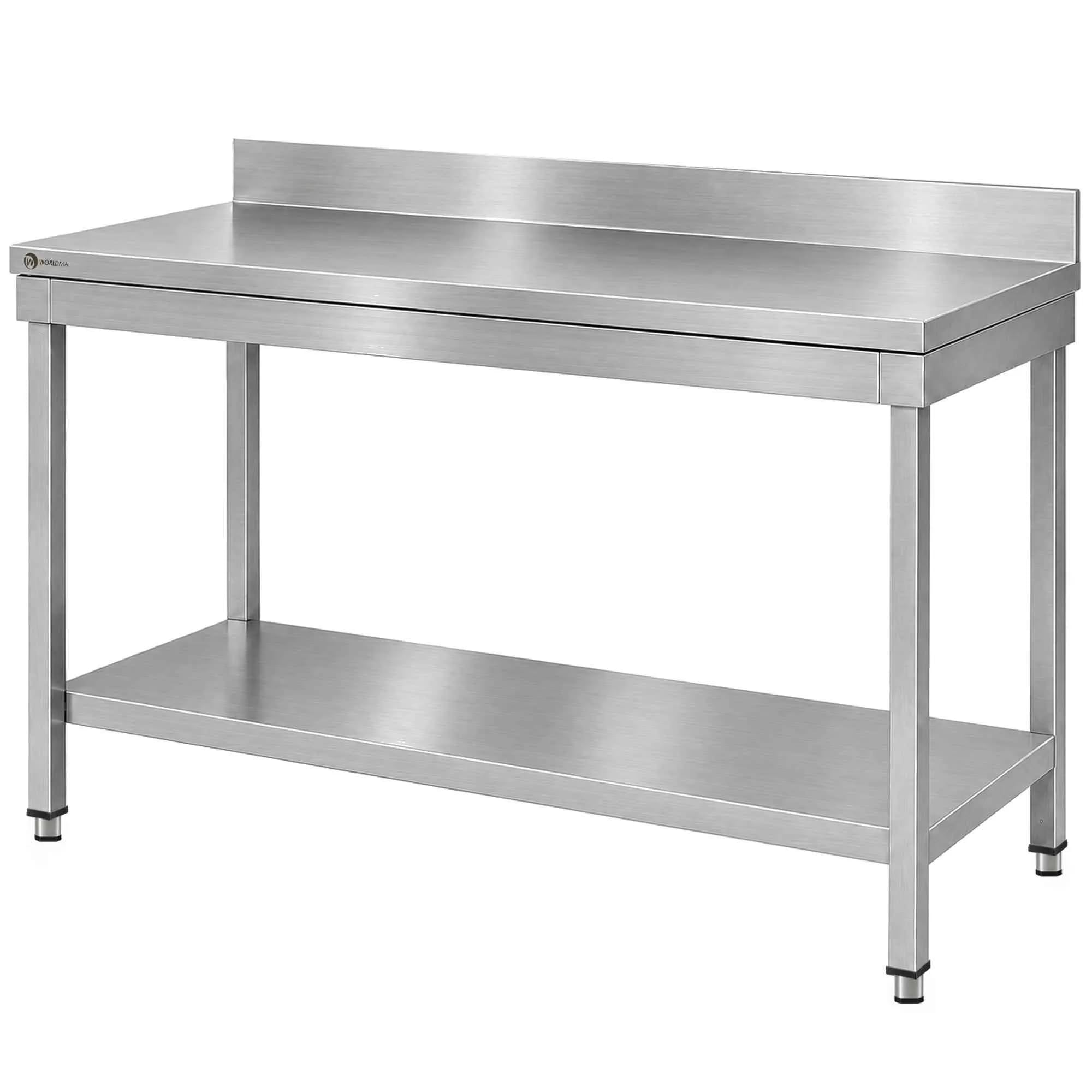 Tavolo da lavoro in acciaio inox professionale WORLDMAI 120 x 60 cm con ripiano inferiore e alzatina per ristorazione e cucina professionale.