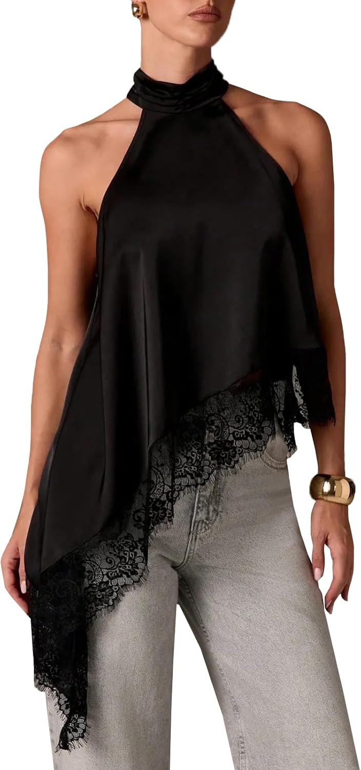 Women Satin Halter Top Y2K Mock Neck Lace Trim Asymmetrical Hem Tank Top Sleeveless Going Out Crop Tops
