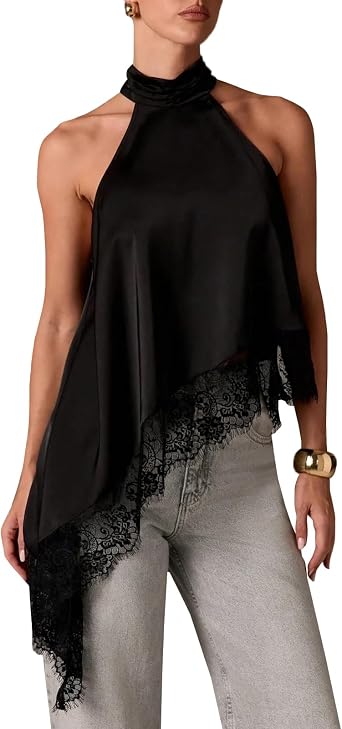 Women Y2K Halter Mock Neck Tank Tops Asymmetrical Going Out Tops Open Back Backless Flowy Satin Silk Top
