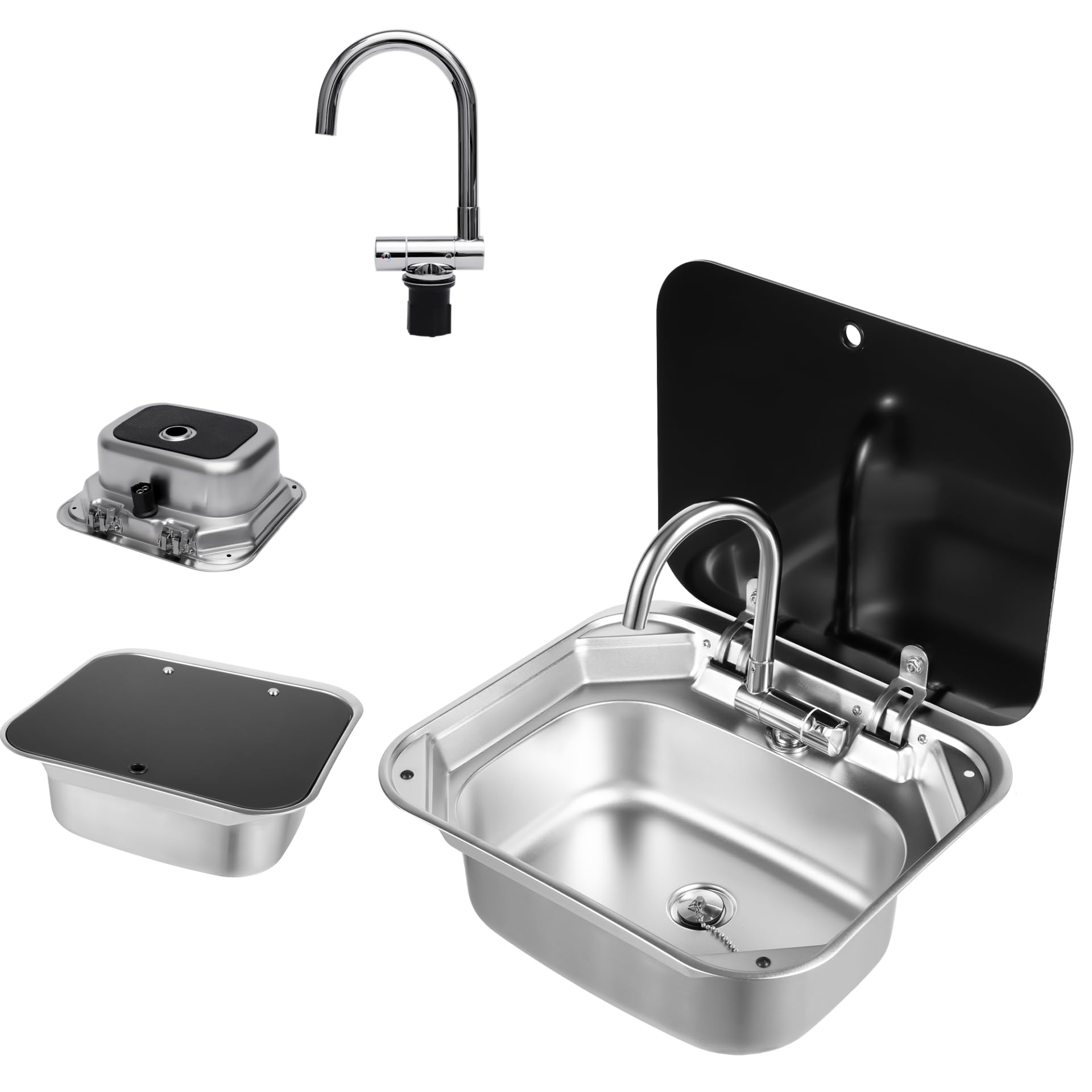 Set di lavandino per camper con rubinetto pieghevole | Lavello per caravan (41,5 x 37 x 16 cm) + tubo di scarico + copertura in vetro temperato, set completo con rubinetto caldo per roulotte, barca