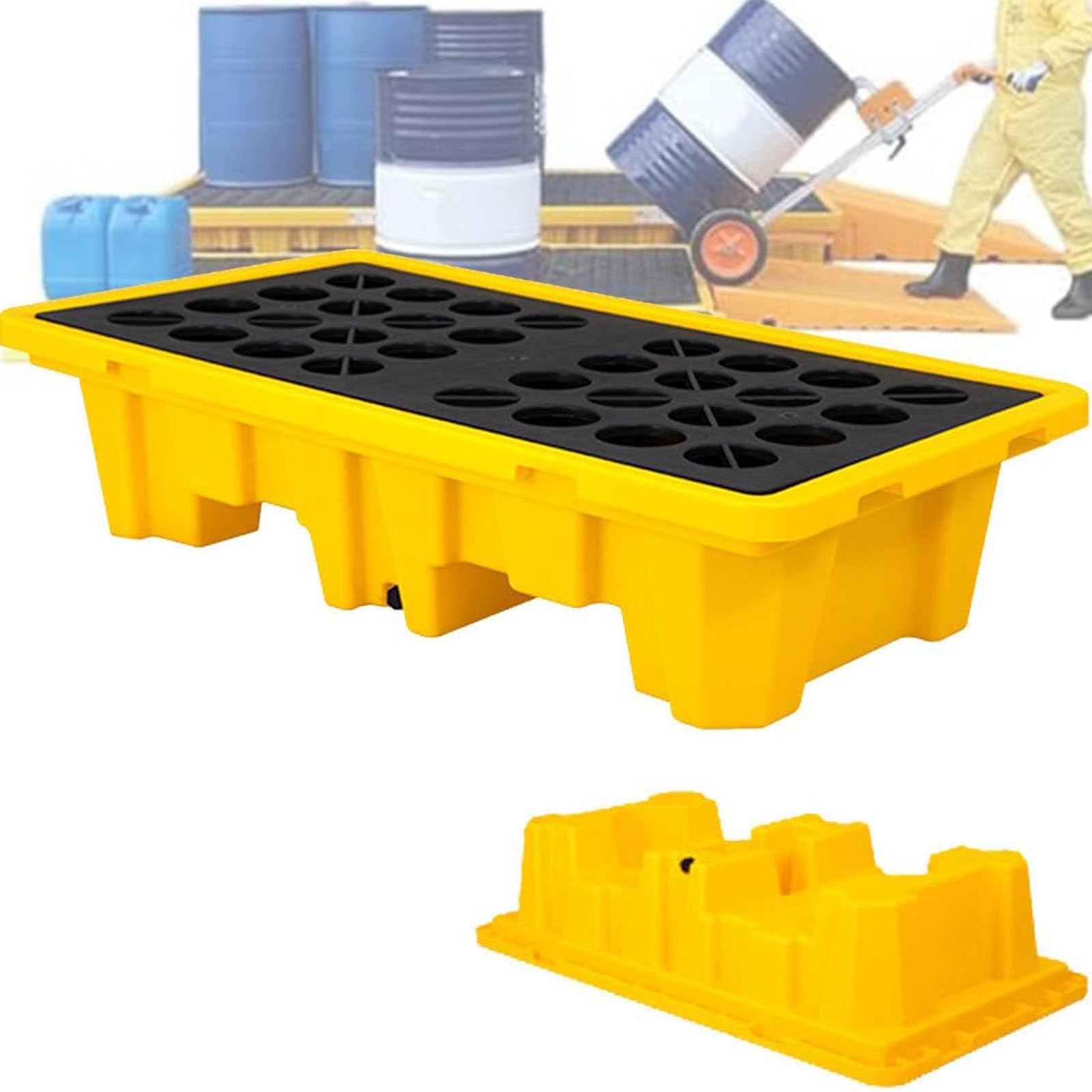 GYEQXKT Spill Containment Platform with Drain and Forklift Pockets, Stackable Modular Tray for Barrels, Leak-Proof Design
