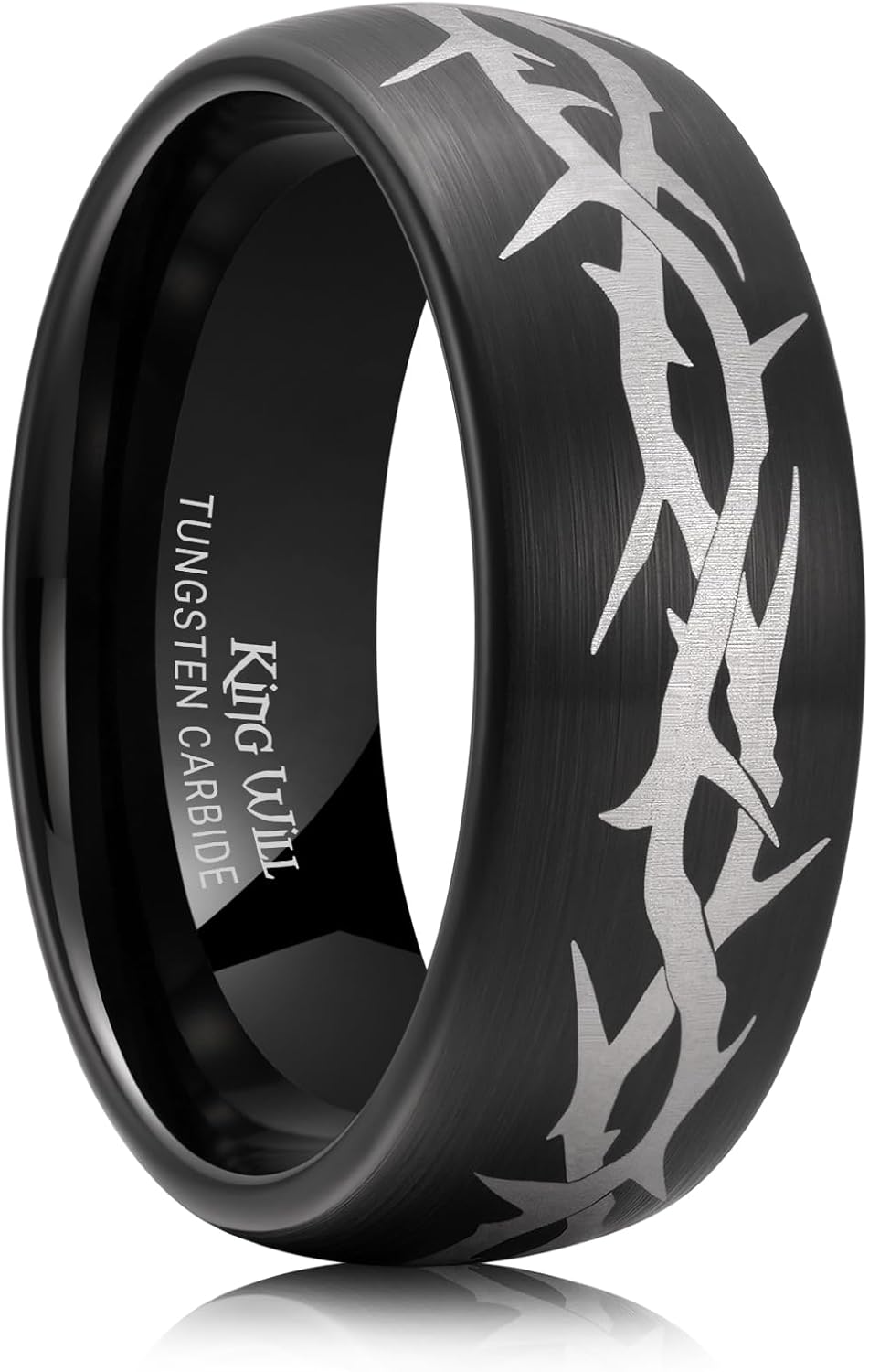 King Will Black Tungsten Carbide Wedding Band For Men, Thorn Pattern Design, 8mm Dome Matte Brushed Engagement Rings for Daily Wear and Activities, Comfort Fit Size 7-12