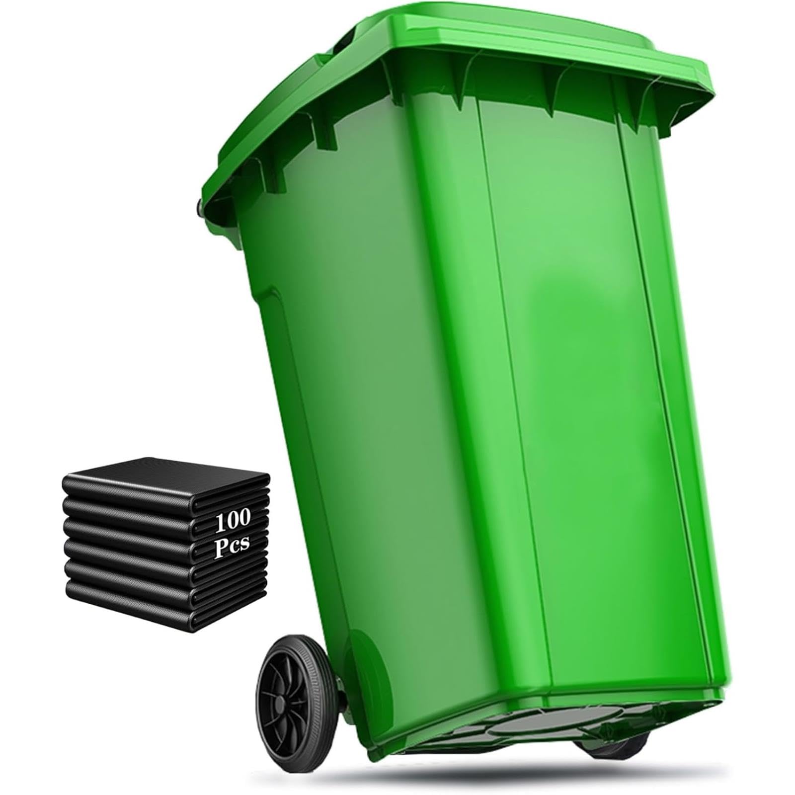 VITIWEDTY Large Outdoor Trash Can with Wheels & Lid, Heavy Duty Garbage Bin with 100 PCS Bags for Backyard, Deck (Green 18 Gallon)
