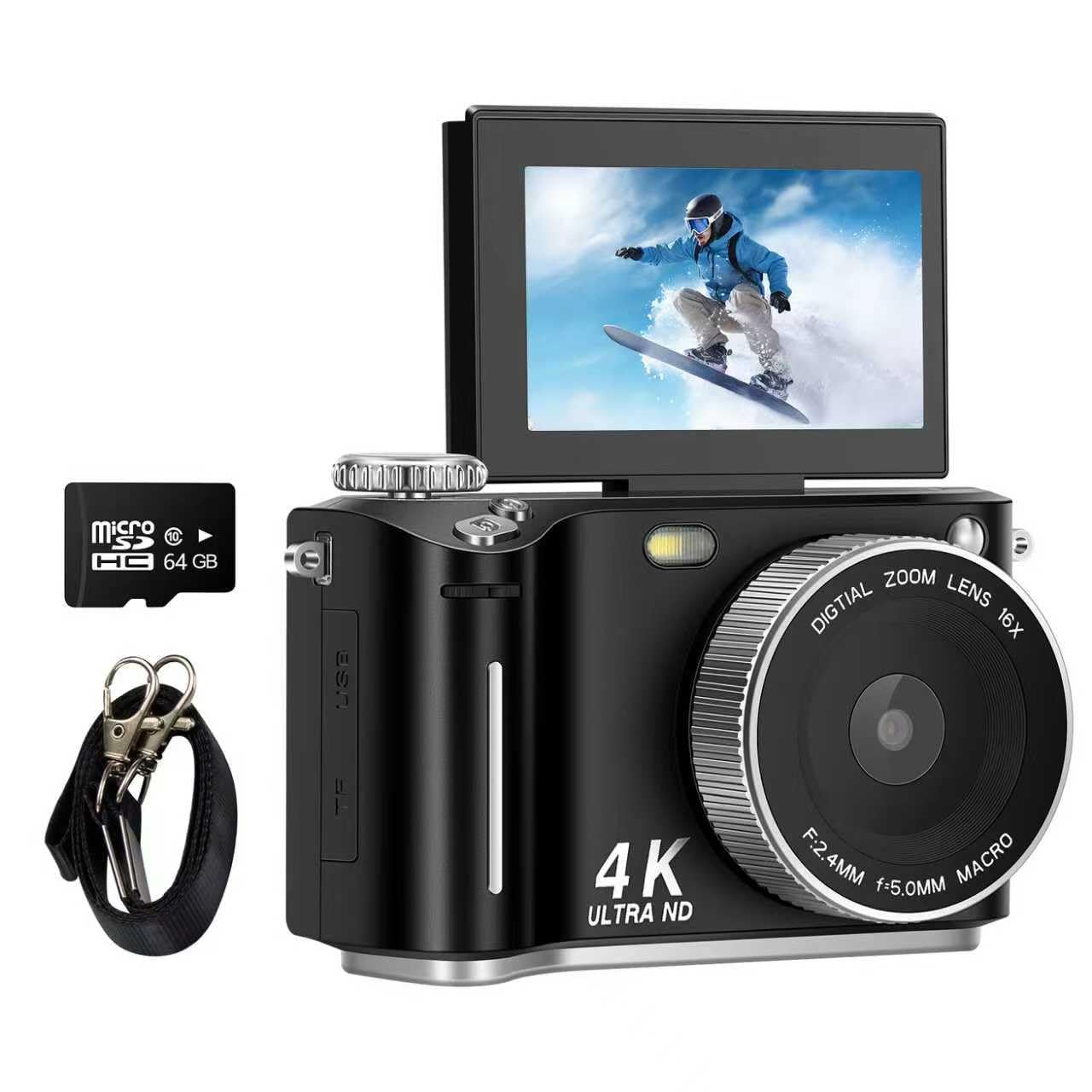 4K Digitalkamera für Fotografie, 64MP, Autofokus, 18X Digitalzoom, 3 Zoll 180° Flipscreen, kompakte Reisekamera, inklusive 32GB SD-Karte