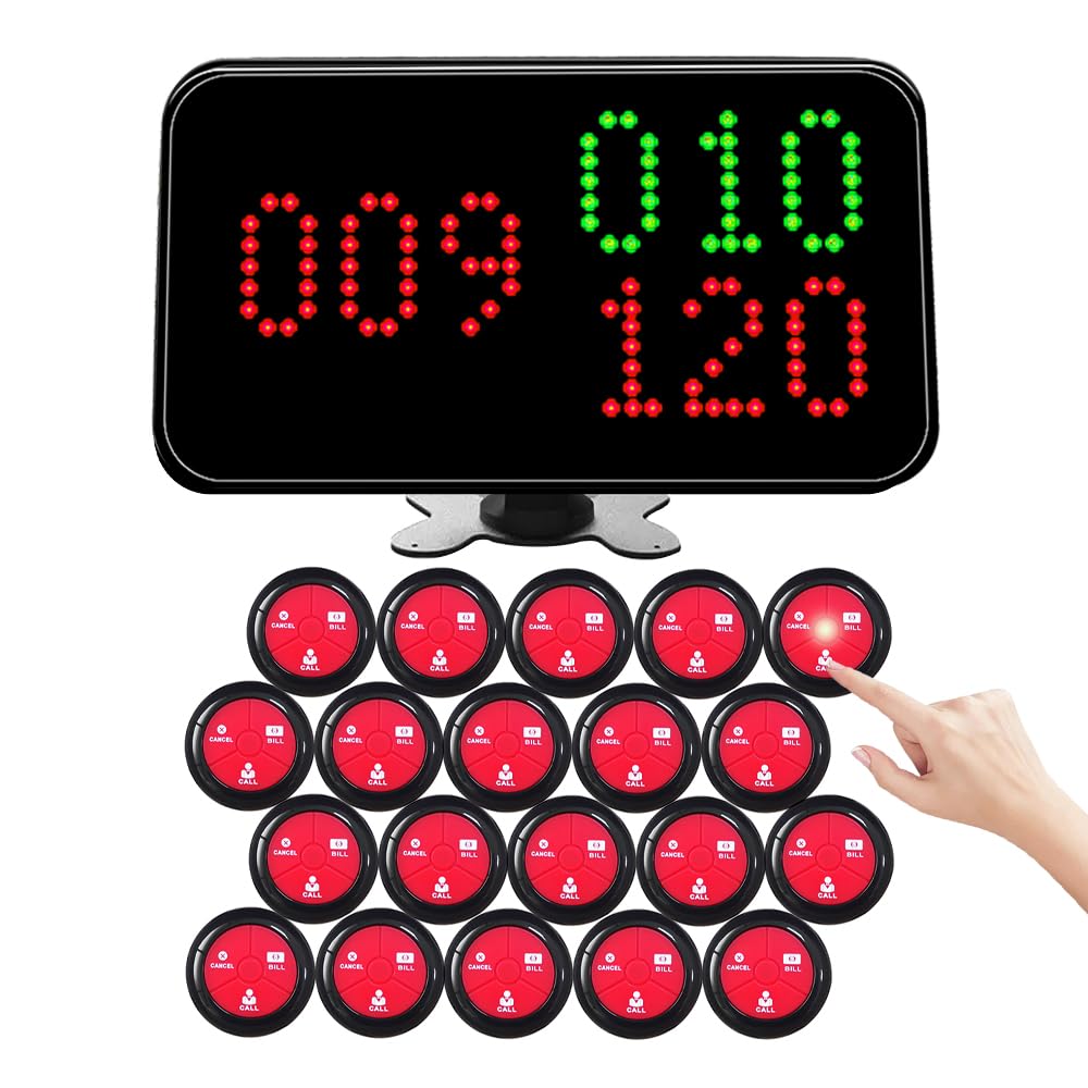 KOQICALL Wireless Calling System Call Waiter Pager 3 Digit Number Pagers for Restaurant Fast Food Cafe 1 Displays and 20 Table Call Button with Call/Bill/Cancel (Black-red 1+20)