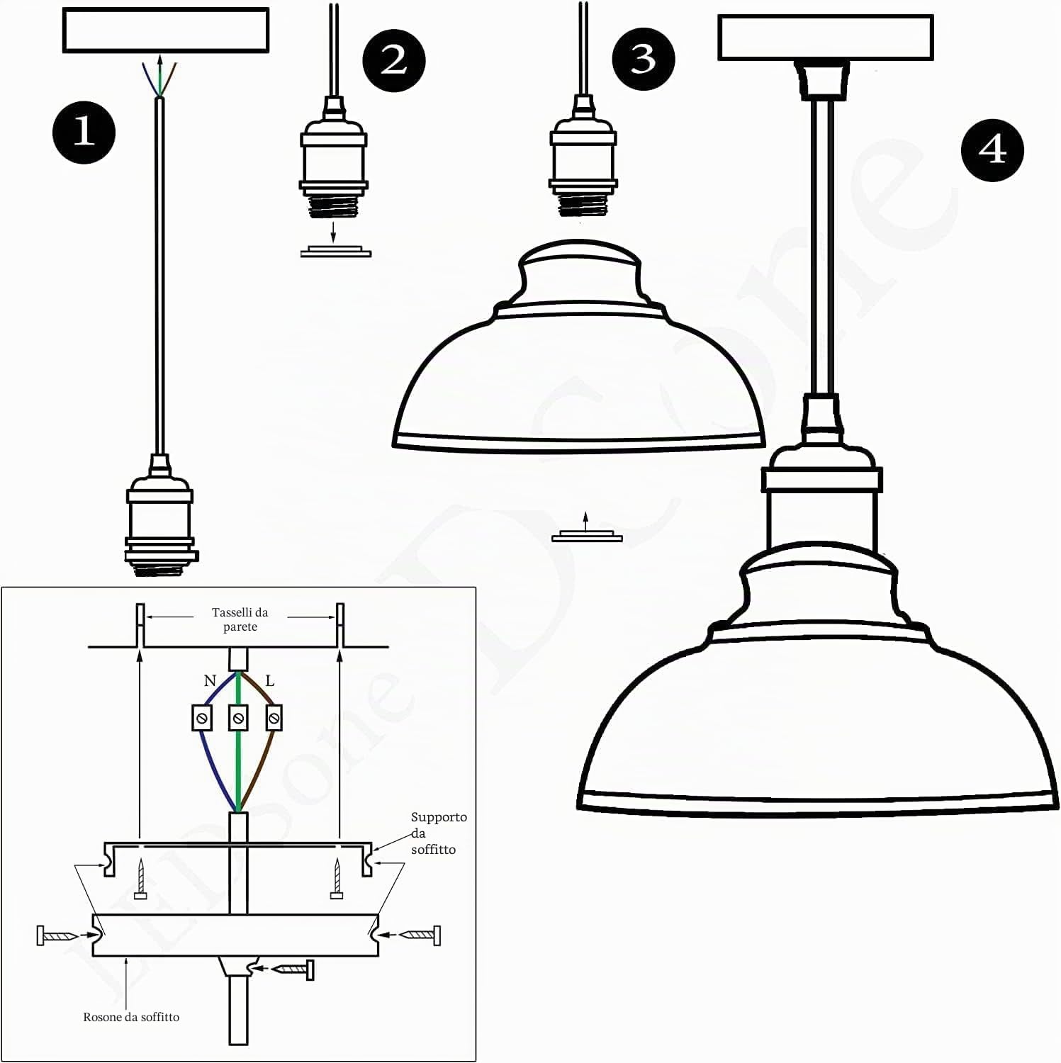 LEDSone Modern Vintage Pendant Light Industriale Plafoniera Ideale per Sale da Pranzo, Bar, Club e Ristoranti Base E27 (Curvy - Nero, interno Bianco (senza lampadina))