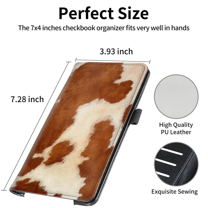 Image of FUYOCWE Checkbook Cover for Men Women Check book Covers Holder for Personal Checkbook Register Duplicate Checks,RFID Blocking Leather Checkbook Wallets w /Elastic Strap-Cow Hide Animal Print Brown