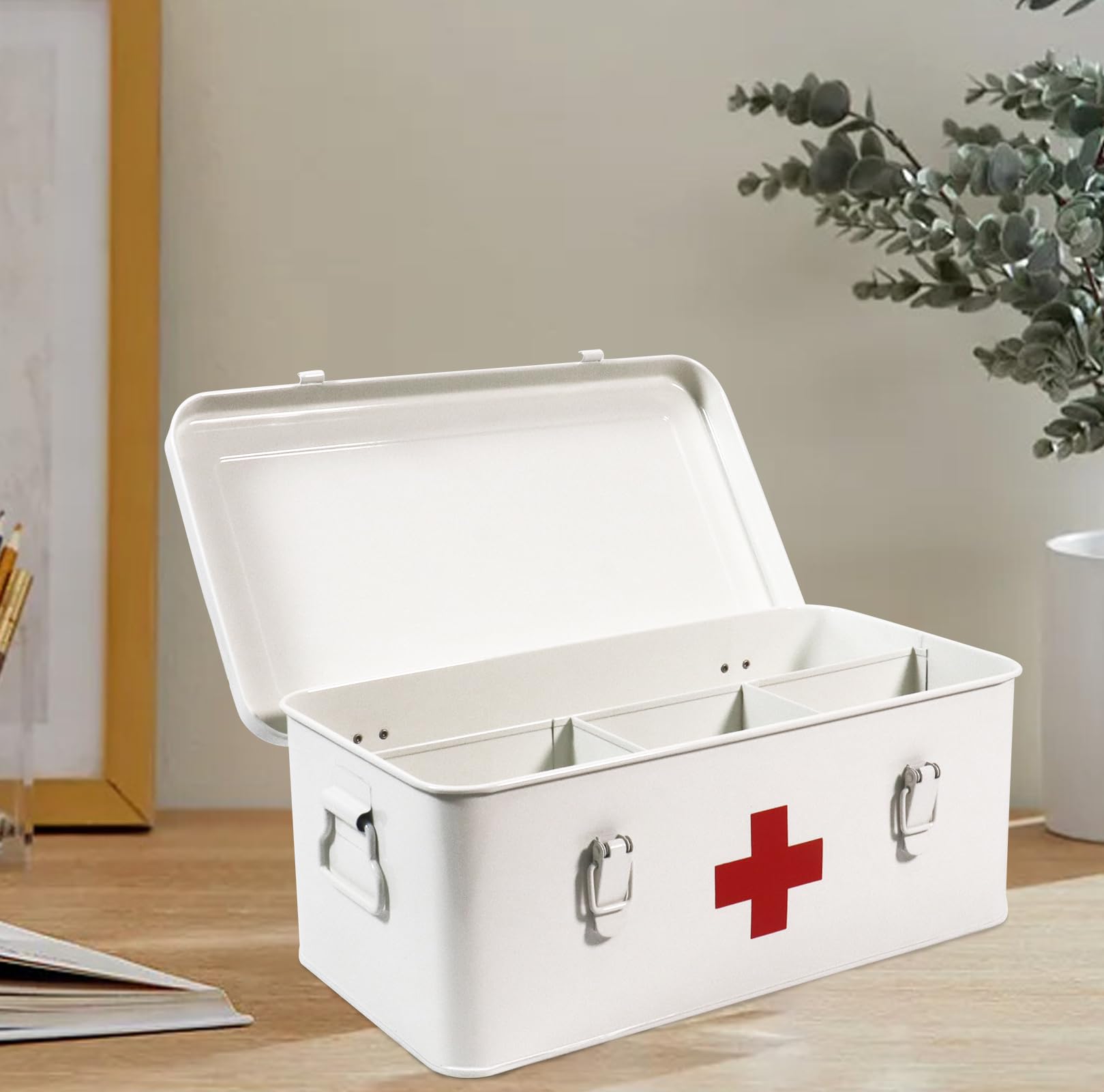Cassetta di pronto soccorso, kit di primo soccorso, kit di primo soccorso vuoto con serratura di sicurezza e maniglie portatili, scatola per medicine con croce rossa, contenitore in metallo per