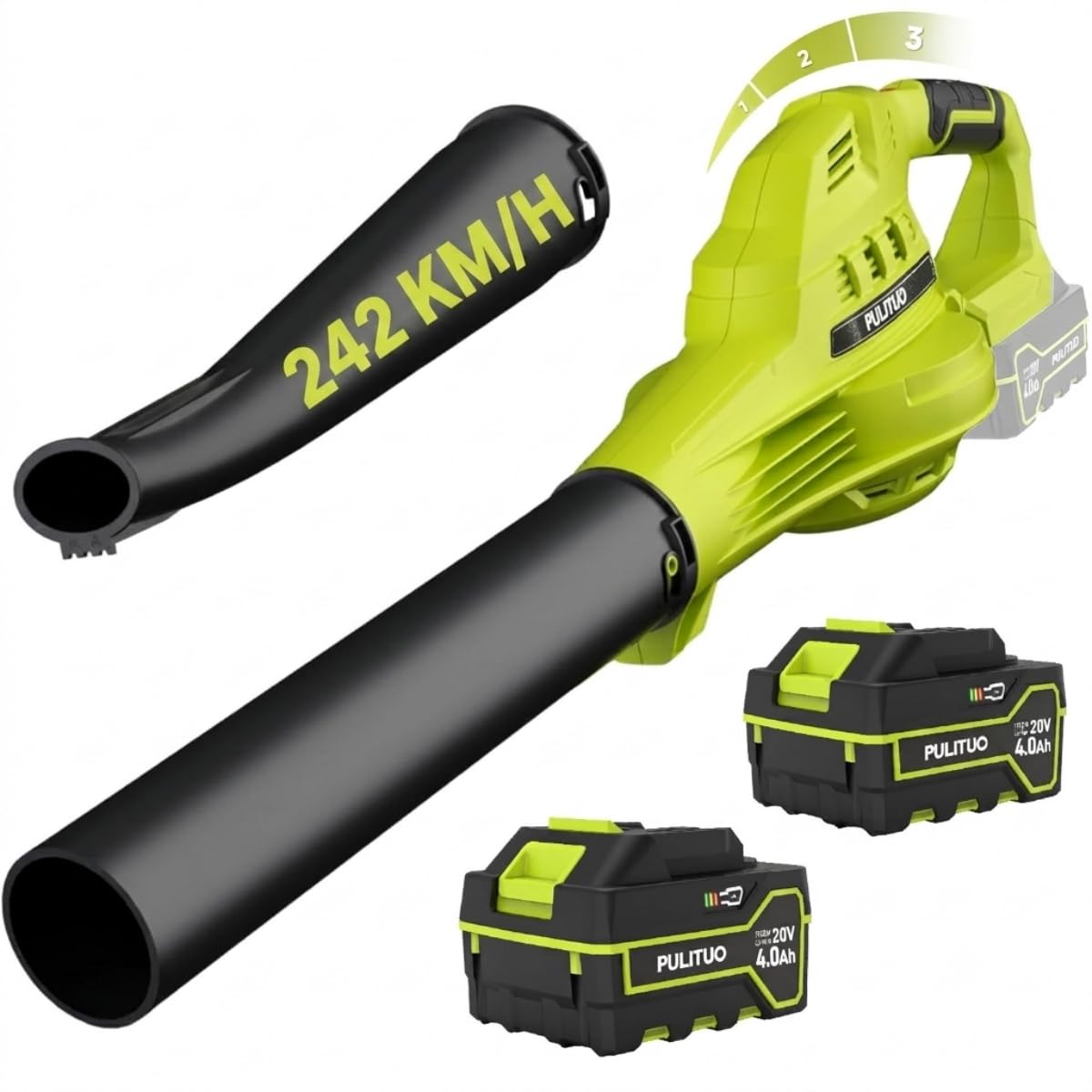PULITUO Leaf Blower Cordless with 2X 4000mAh Batteries, 20V Lightweight Battery Blower, 242 KM/H,3 Speeds, 2 Tubes, Compact Garden Blowers for Leaves Dust Debris