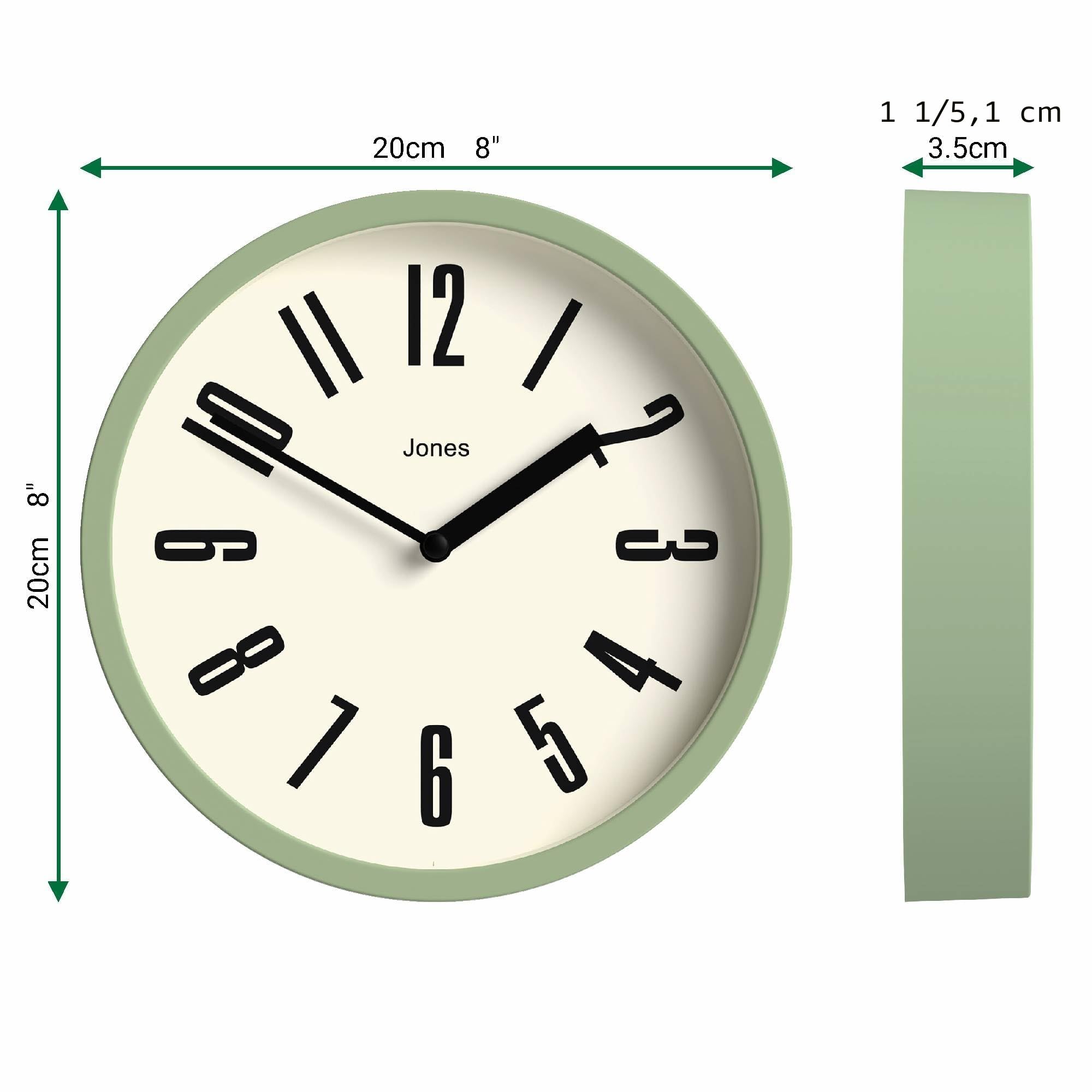 Jones Clocks® Hot Tub Orologio a parete | Piccolo orologio a tondo retrò | 20cm | Verde pallido | Numeri facili da leggere | Ideale per cucina, ufficio, stanza dei bambini, spazi grandi o piccoli