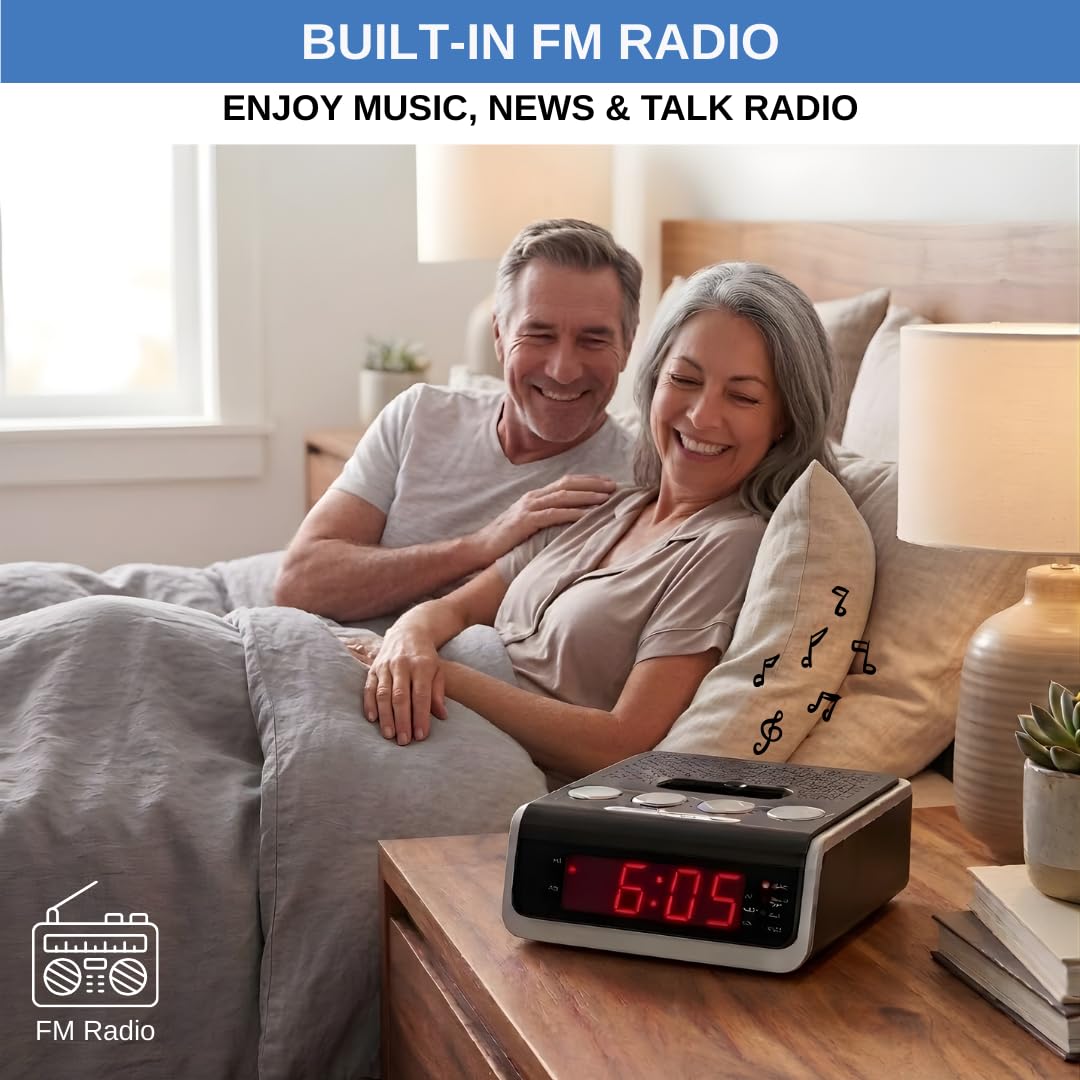 Reloj despertador digital con radio estéreo FM, pantalla LED roja, alarma dual, temporizador de repetición y sueño, entrada AUX, base de 30 pines, respaldo de batería, reloj compacto para mesita de