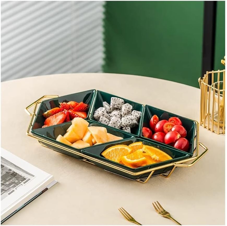 Appetizer Plates Snack Bowls Home Diamond-Shaped Five Grid Ceramic Platter and Shelf Snack Plate Modern Restaurant Snacks Candy Dried Fruit Plate Salad Plates Dinner Plates (Color : Brass) (Brass)