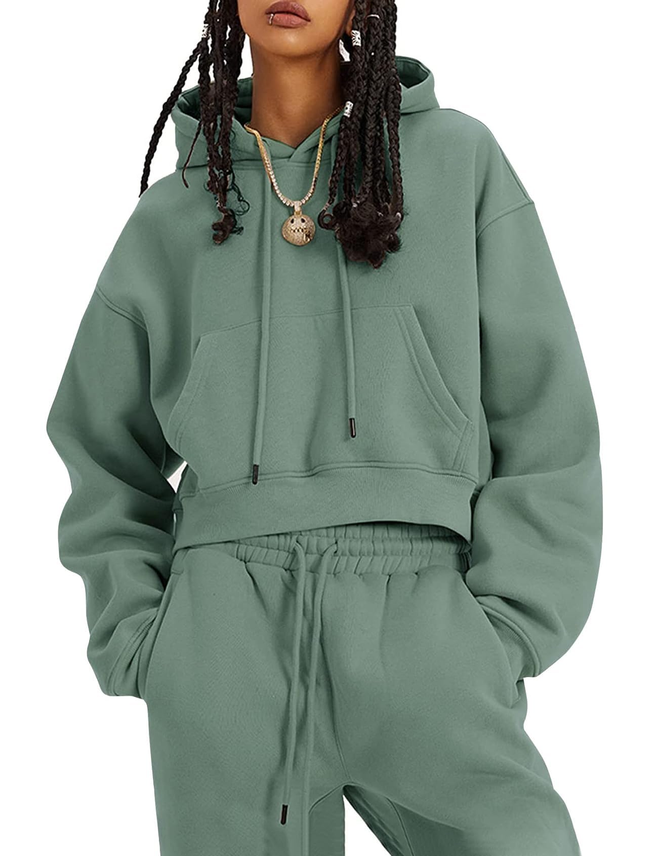 Flygo Conjunto deportivo de 2 piezas de forro polar para mujer, sudadera corta y pantalones deportivos