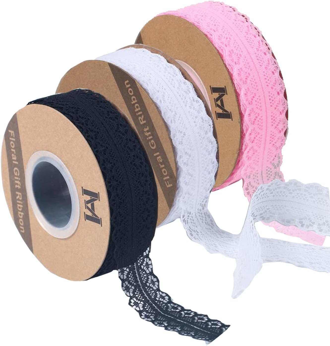Cinta de Encaje en Rollo Sonwaha 3 Rollos Negra Blanca Rosa Puntillas para Coser Manualidades Bricolaje y Decoración Encajes y Puntillas(25 Yardas /Rollo)