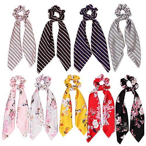 9Pack Scarf Scrunchies Women Hair Ties - Hair Scarves Scrunchys Bow Leopard Ribbon Scrunchy with Tails For Thick Hair No Crease Accessories Soft Ropes Ponytail Holder with Designs Long Ponytail