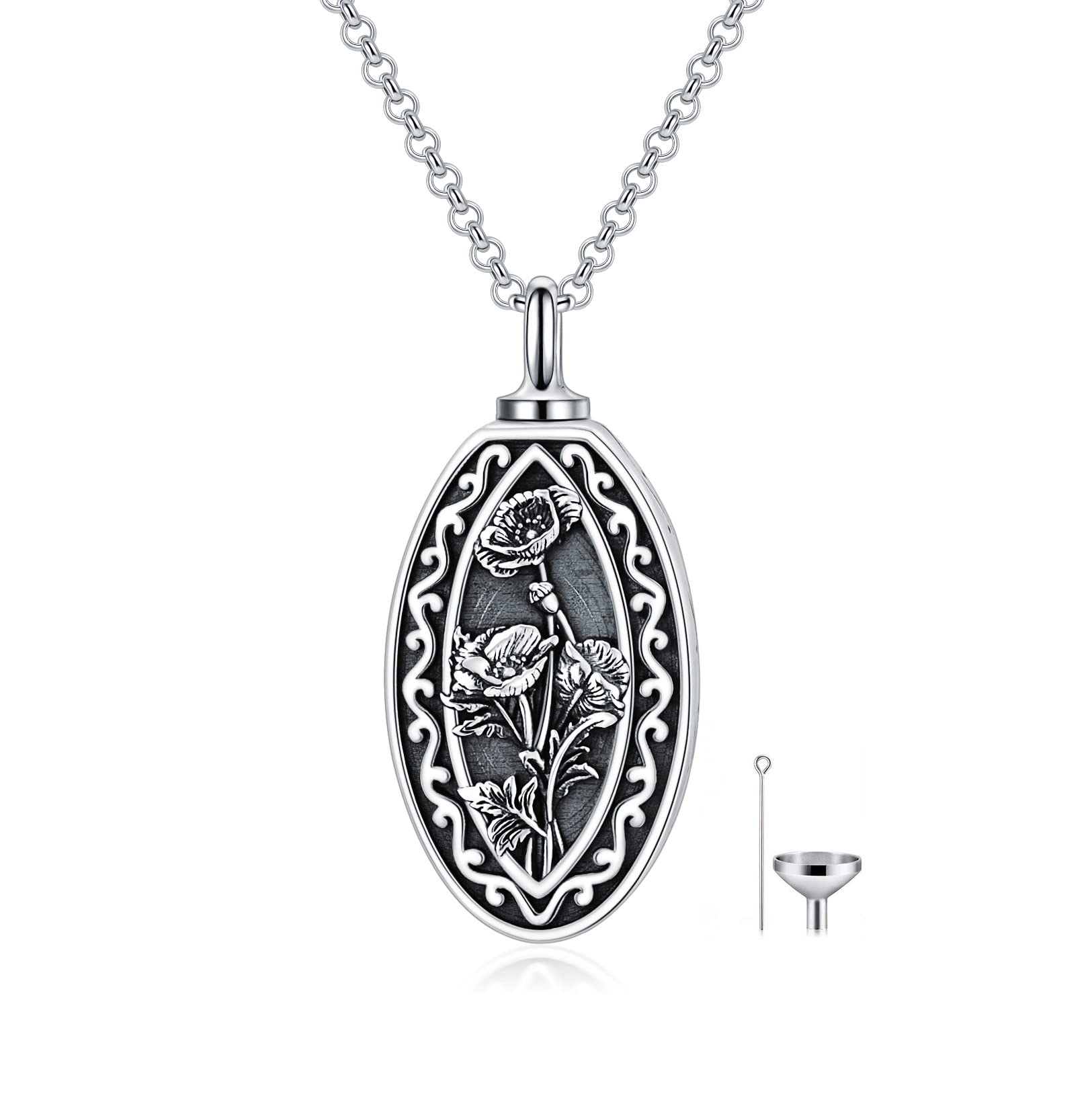 MEIDERBO Personalized Custom Birth Flower Urn Necklace for Ashes S925 Sterling Silver 12 Month Pendant Cremation Jewelry for Ashes with w/Funnel